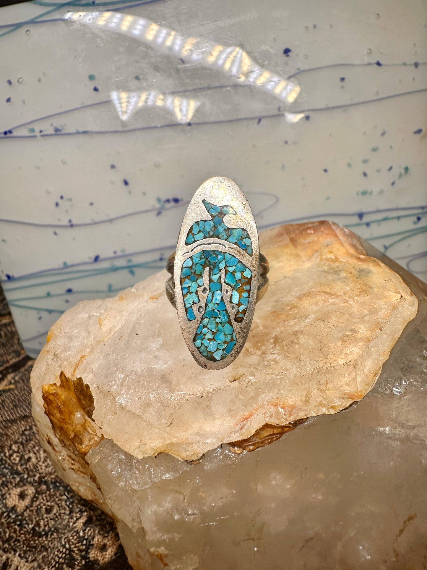 Long Phoenix ring southwest turquoise chips size 8 sterling silver women