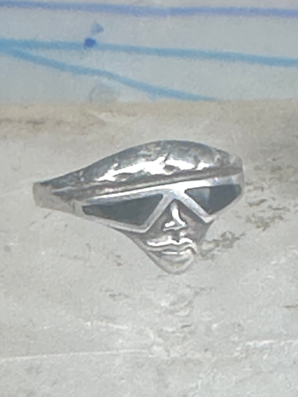 Vintage Sterling Silver Onyx Inlay Alien Futuristic Face Sunglasses Ring Size 6 925
