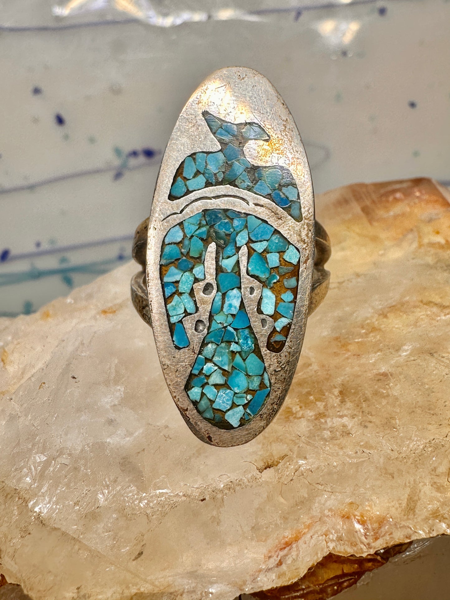 Long Phoenix ring southwest turquoise chips size 8 sterling silver women