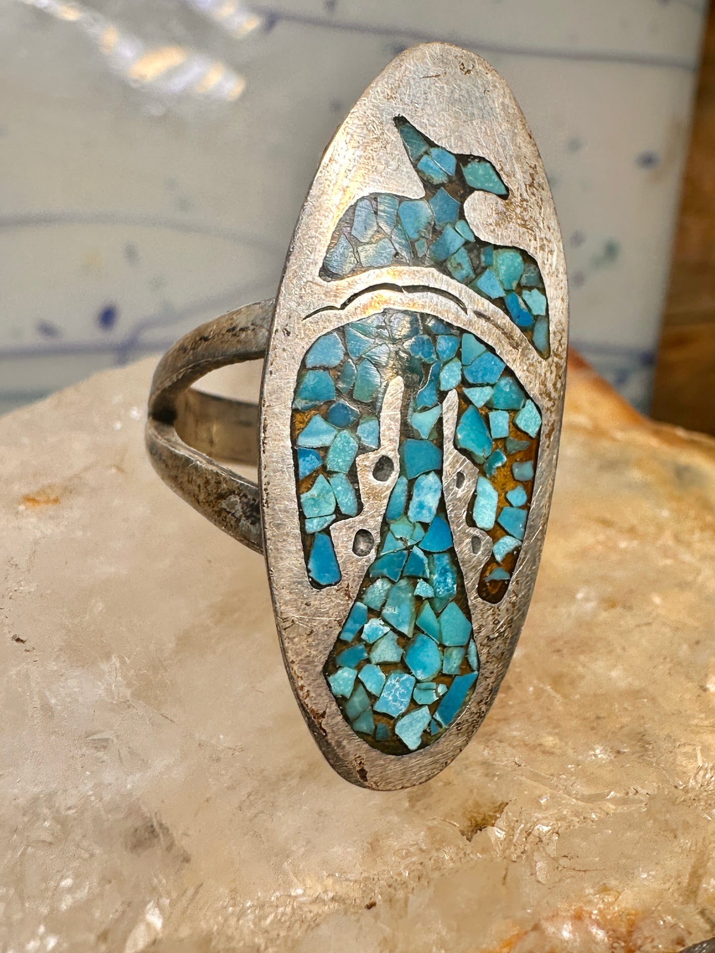 Long Phoenix ring southwest turquoise chips size 8 sterling silver women