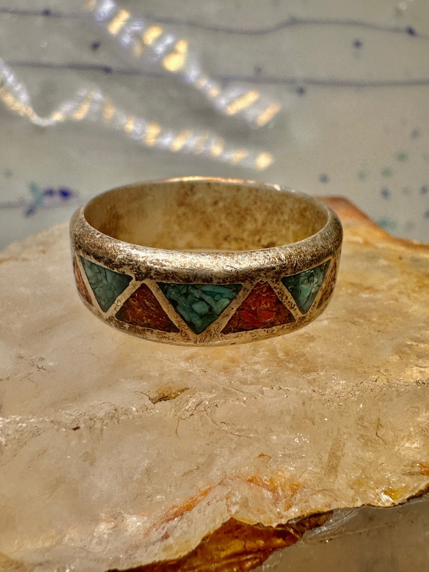 Zuni ring coral turquoise chips wedding band size 12 sterling silver men women