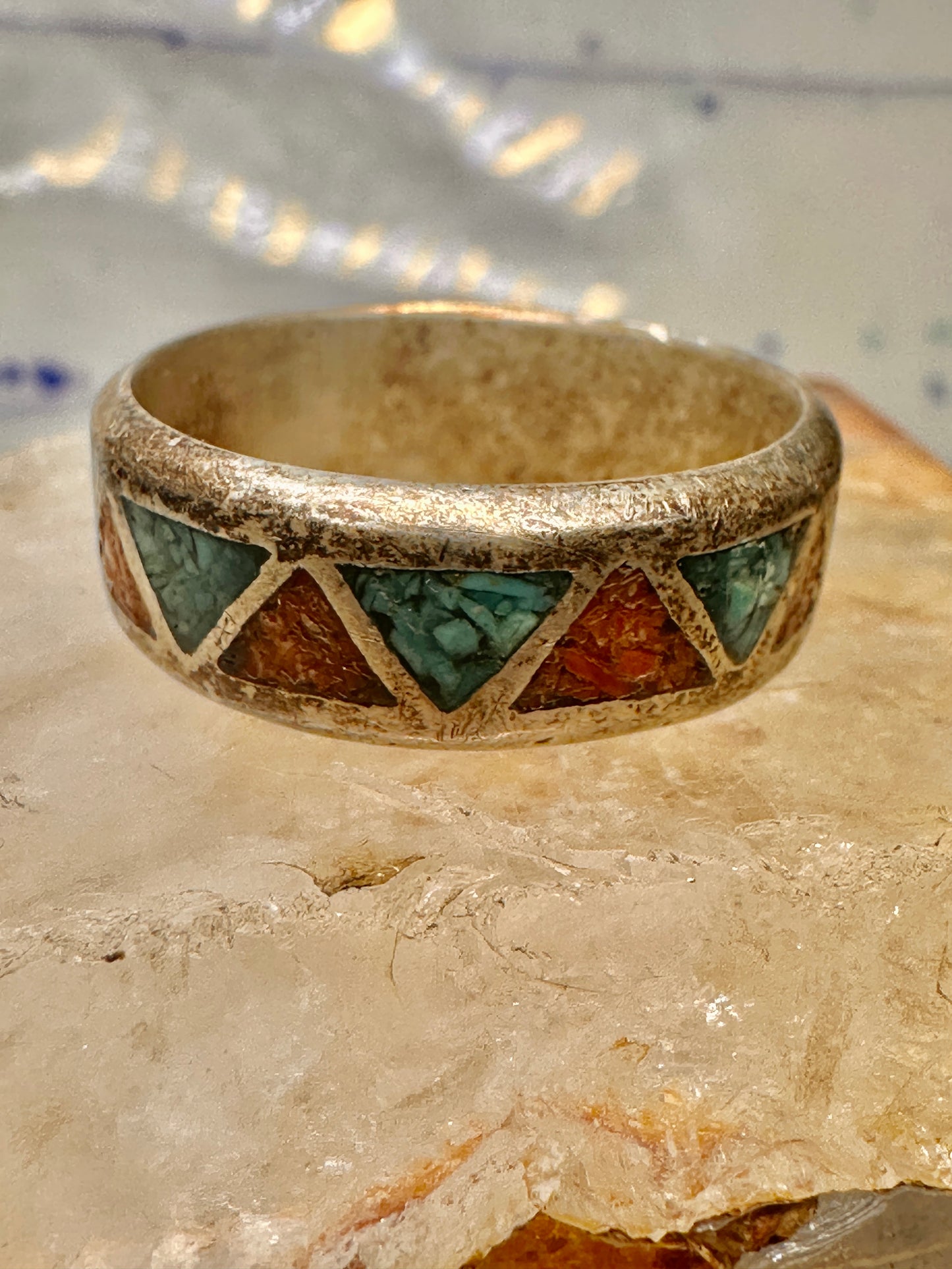 Zuni ring coral turquoise chips wedding band size 12 sterling silver men women