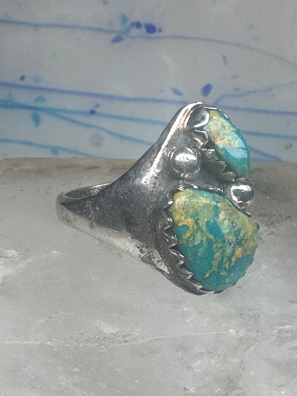 Vintage Sterling Silver Native American Turquoise Two Stone Statement Ring Size 16 925