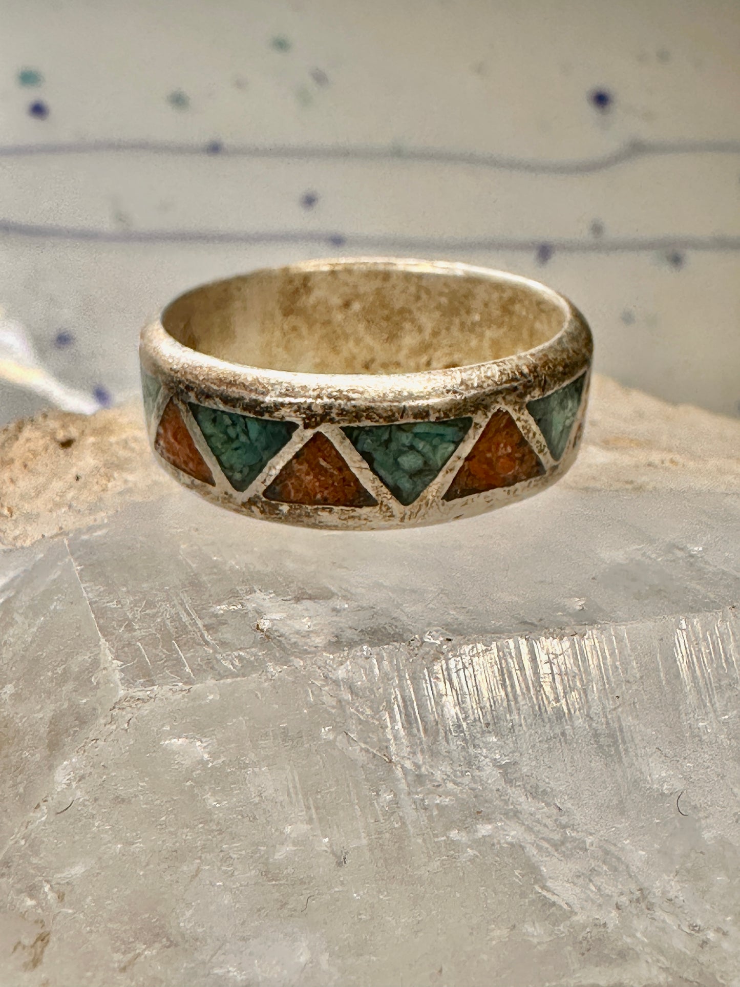 Zuni ring coral turquoise chips wedding band size 12 sterling silver men women