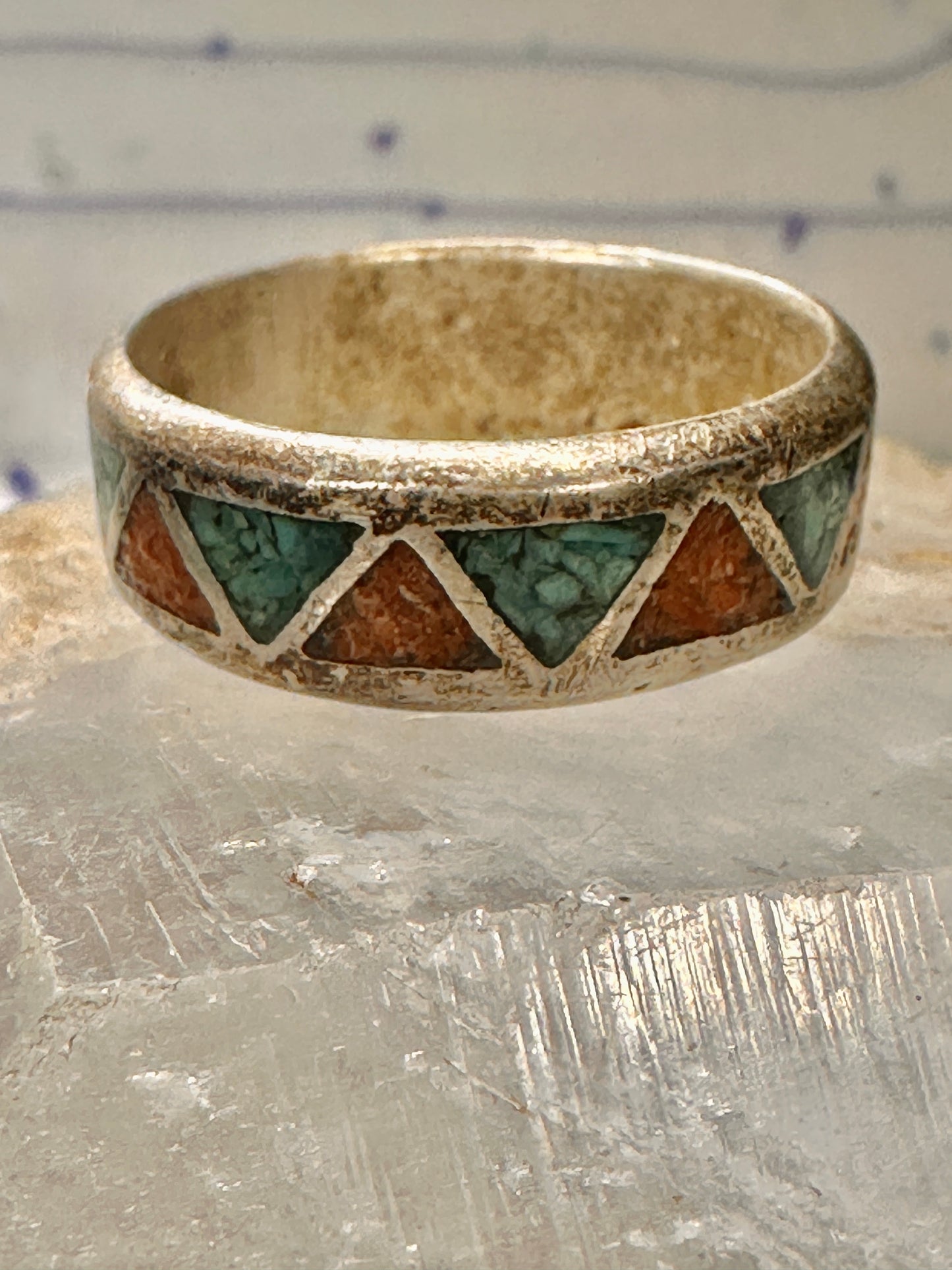 Zuni ring coral turquoise chips wedding band size 12 sterling silver men women