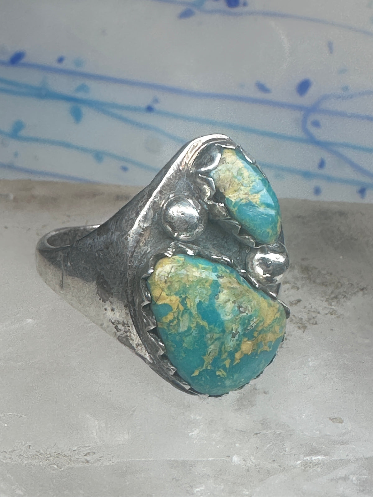 Vintage Sterling Silver Native American Turquoise Two Stone Statement Ring Size 16 925