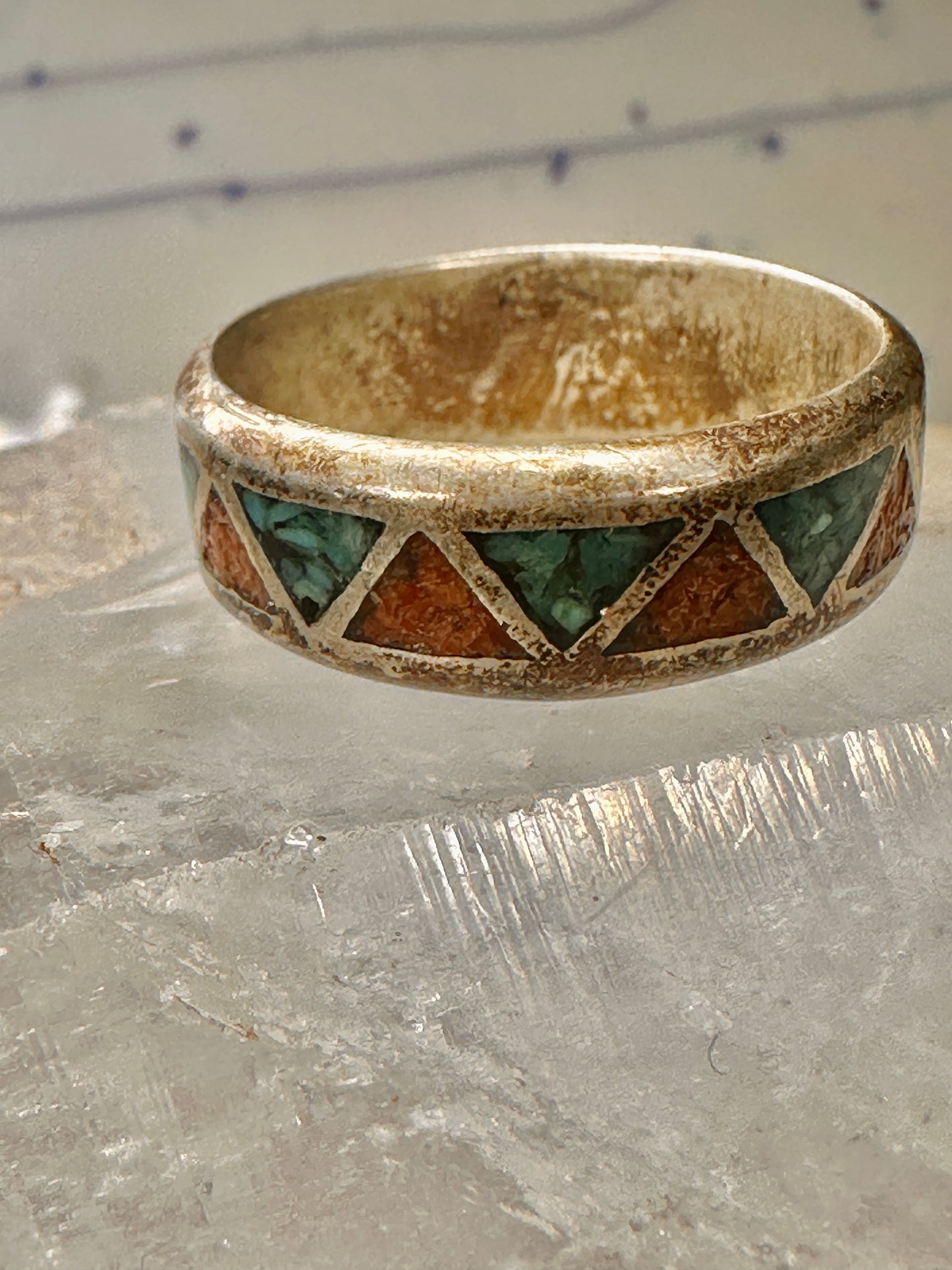 Zuni ring coral turquoise chips wedding band size 12 sterling silver men women