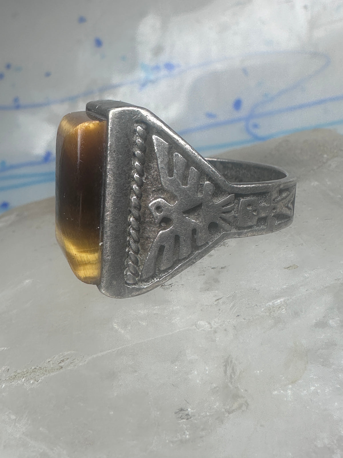 Vintage Sterling Silver Tiger's Eye Signet Ring Thunderbird Mudman Motif Statement Size 10.25 925