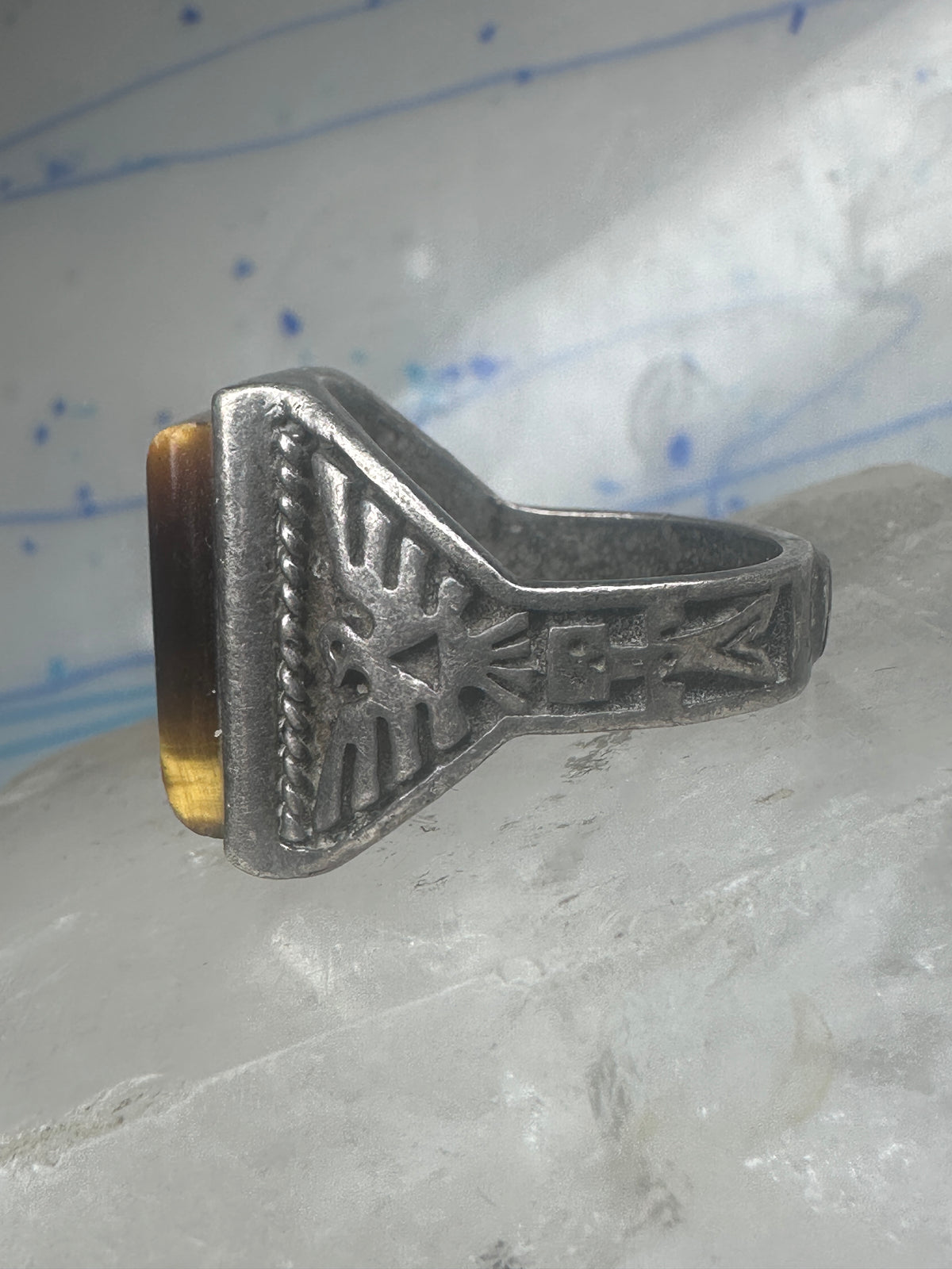 Vintage Sterling Silver Tiger's Eye Signet Ring Thunderbird Mudman Motif Statement Size 10.25 925