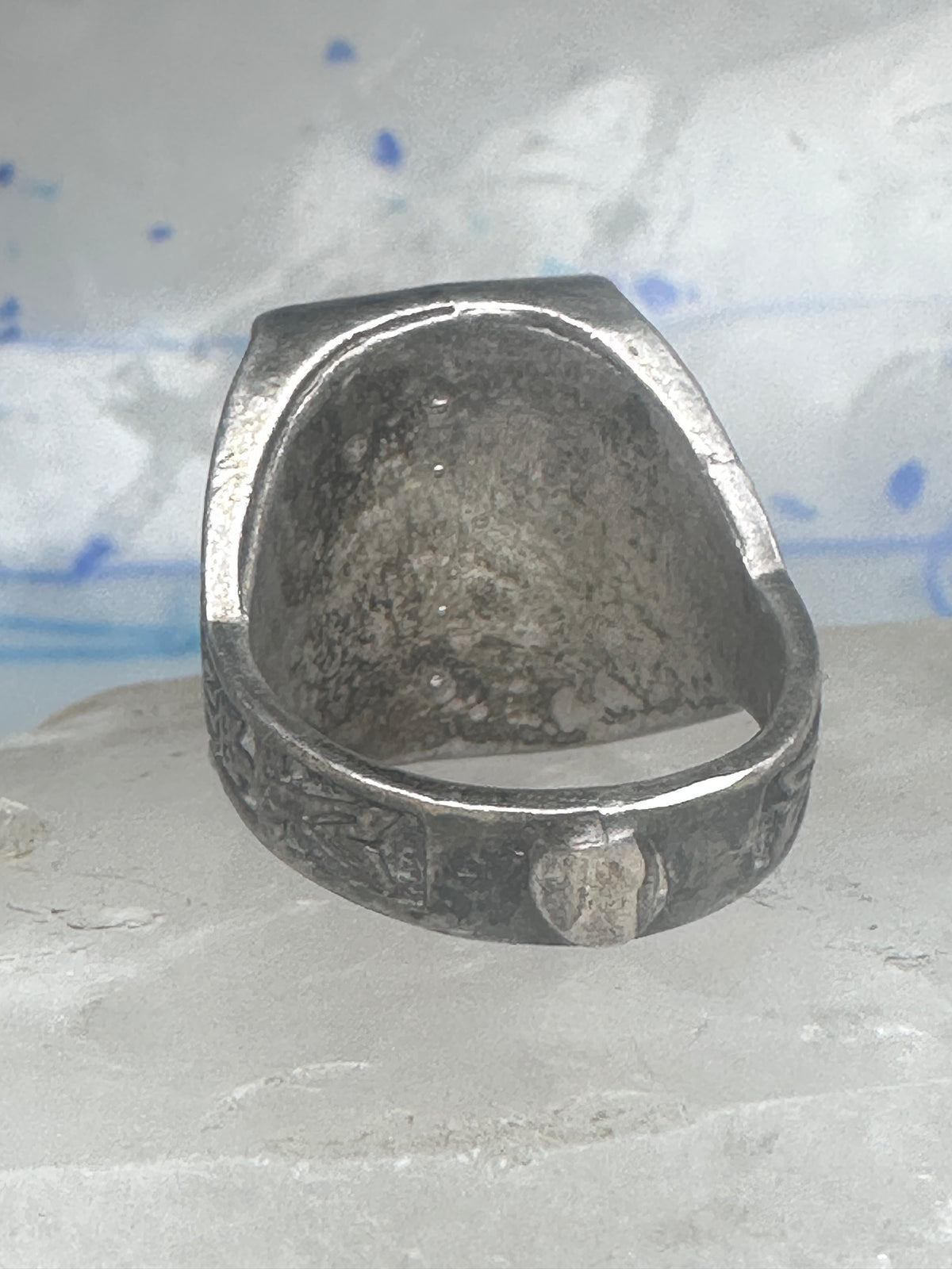Vintage Sterling Silver Tiger's Eye Signet Ring Thunderbird Mudman Motif Statement Size 10.25 925