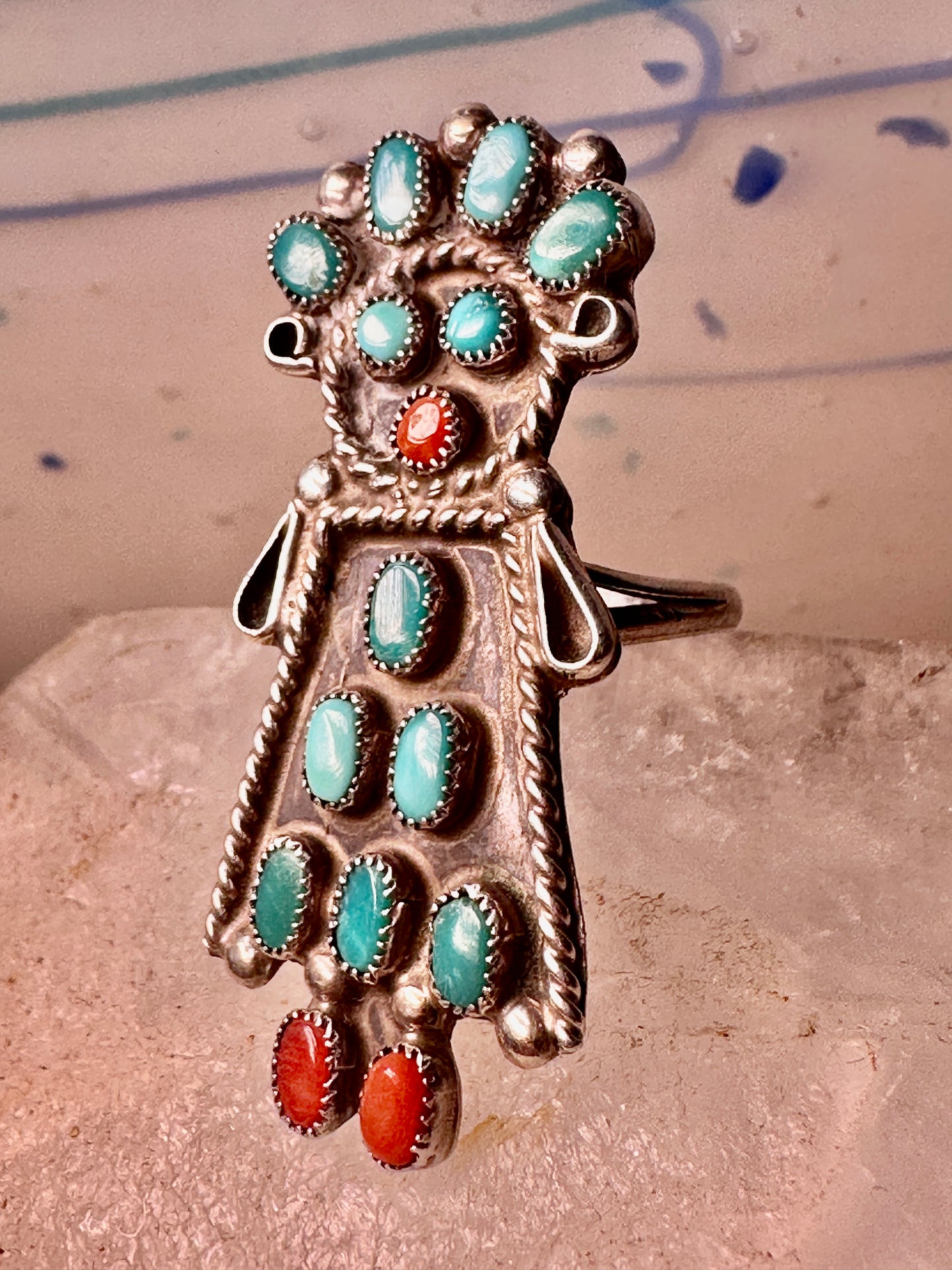 Kachina ring size 5.50 Zuni turquoise coral snake eyes sterling silver women