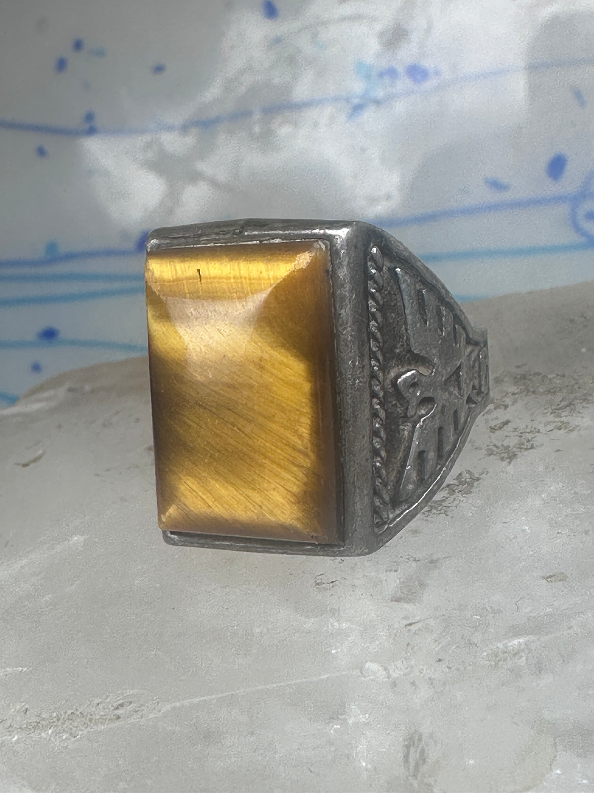 Vintage Sterling Silver Tiger's Eye Signet Ring Thunderbird Mudman Motif Statement Size 10.25 925