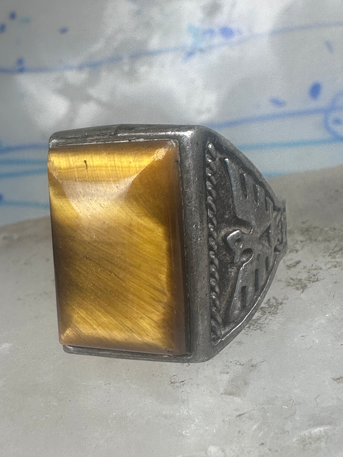 Vintage Sterling Silver Tiger's Eye Signet Ring Thunderbird Mudman Motif Statement Size 10.25 925