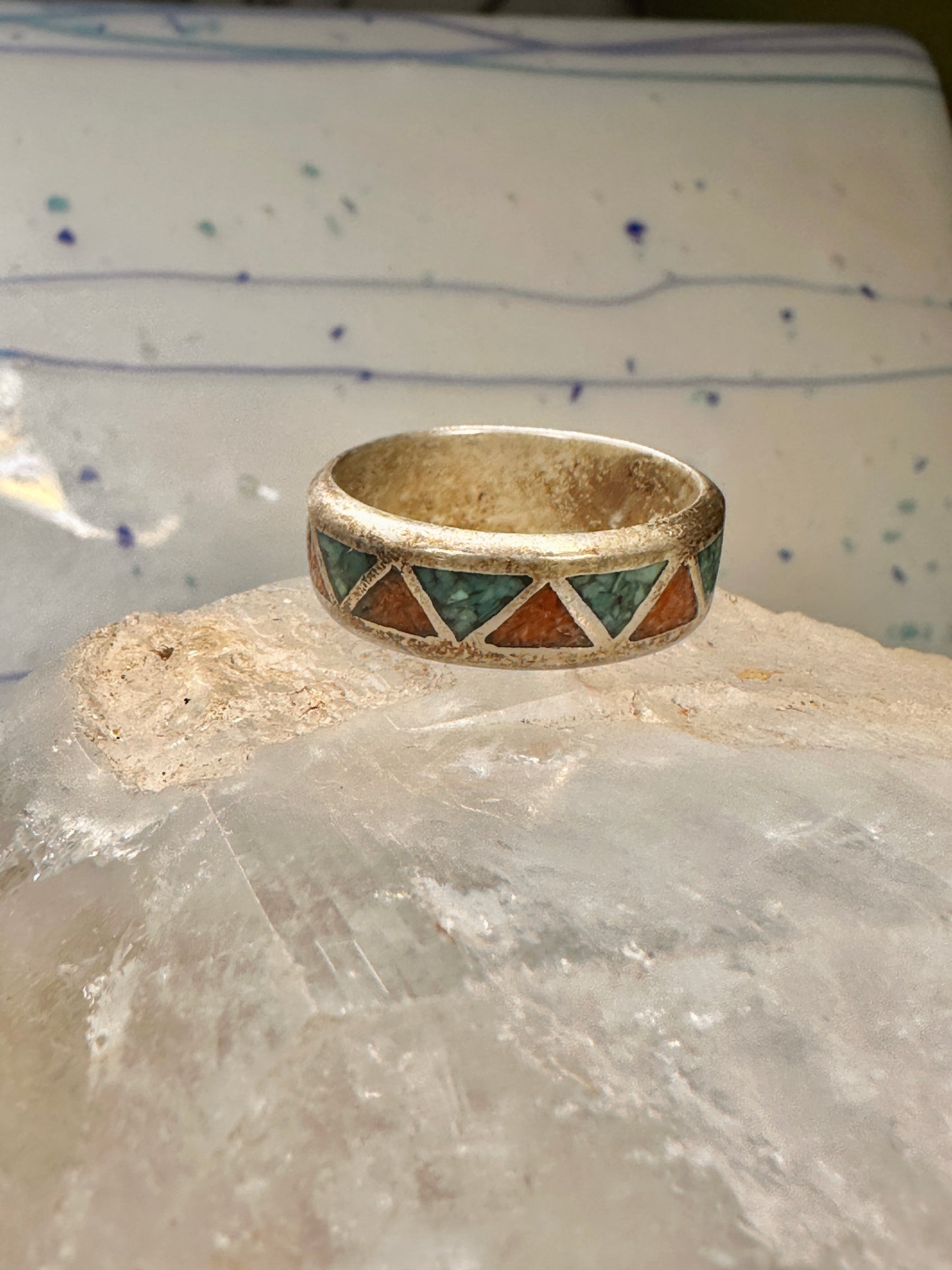 Zuni ring coral turquoise chips wedding band size 12 sterling silver men women