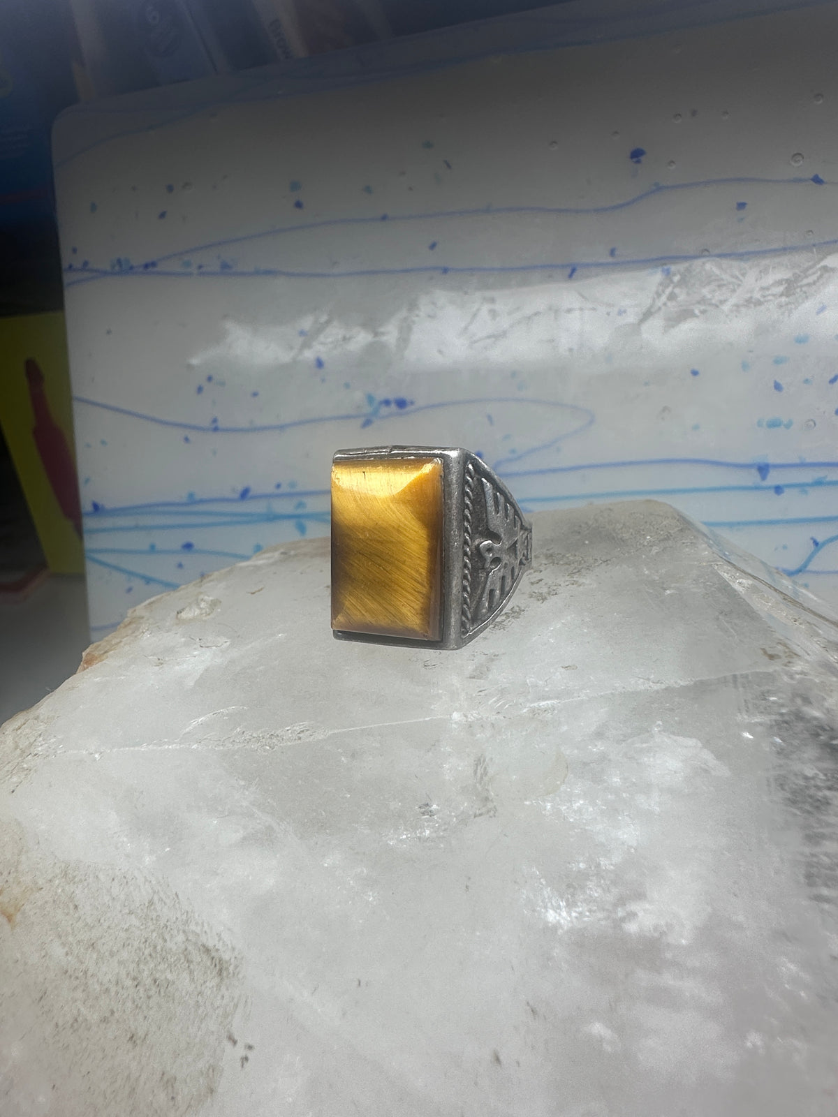Vintage Sterling Silver Tiger's Eye Signet Ring Thunderbird Mudman Motif Statement Size 10.25 925