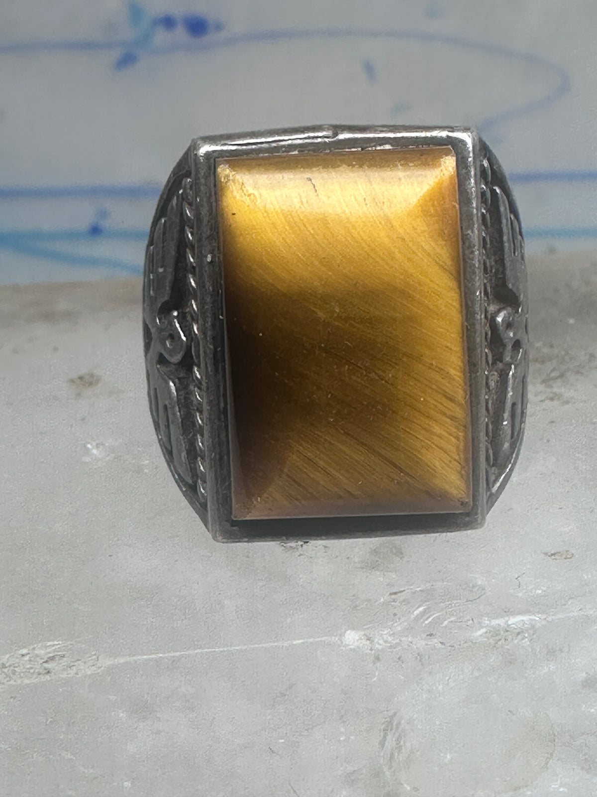 Vintage Sterling Silver Tiger's Eye Signet Ring Thunderbird Mudman Motif Statement Size 10.25 925