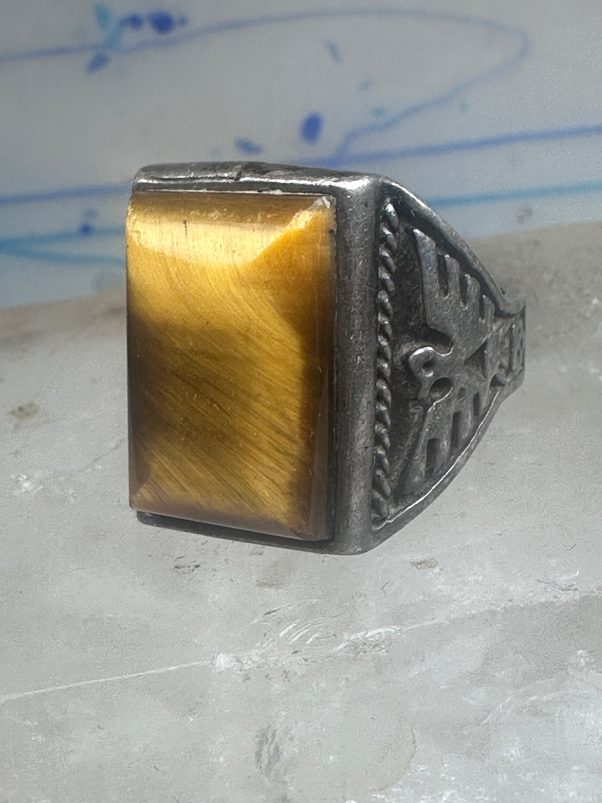 Vintage Sterling Silver Tiger's Eye Signet Ring Thunderbird Mudman Motif Statement Size 10.25 925