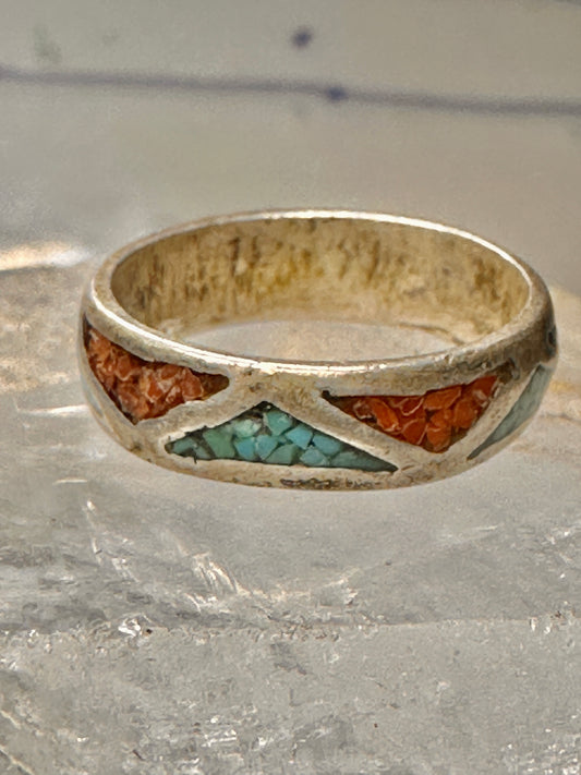 Turquoise chips ring Zuni coral wedding band size 6 sterling silver women