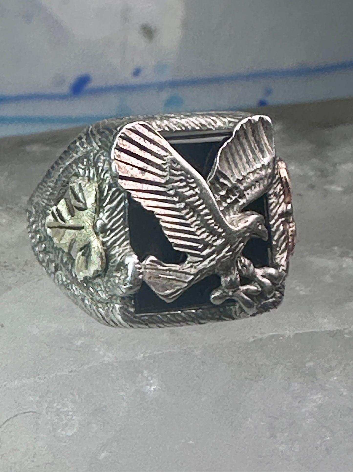 Eagle Ring Black Hills Gold onyx band size 8.75 sterling silver women men