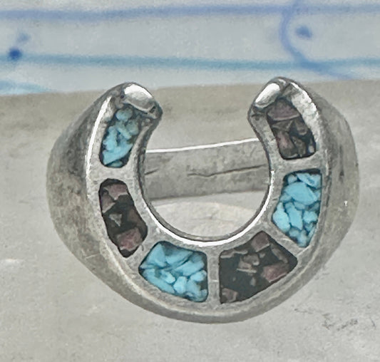 Vintage Sterling Silver Turquoise Coral Chip Inlay Horseshoe Ring Size 7.25 - 7.50 925
