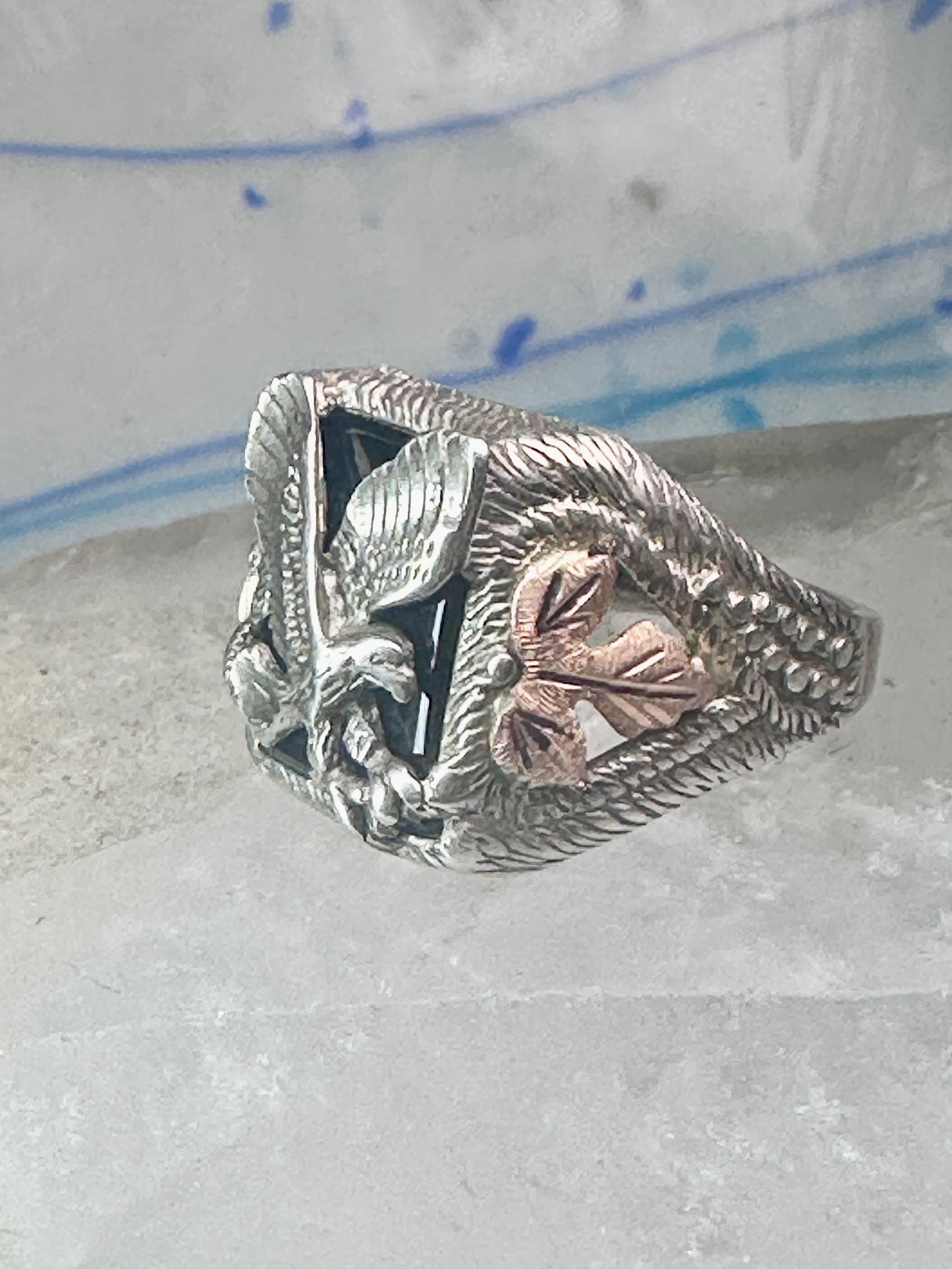 Eagle Ring Black Hills Gold onyx band size 8.75 sterling silver women men