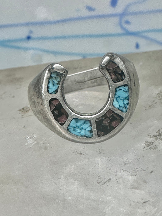Vintage Sterling Silver Turquoise Coral Chip Inlay Horseshoe Ring Size 7.25 - 7.50 925