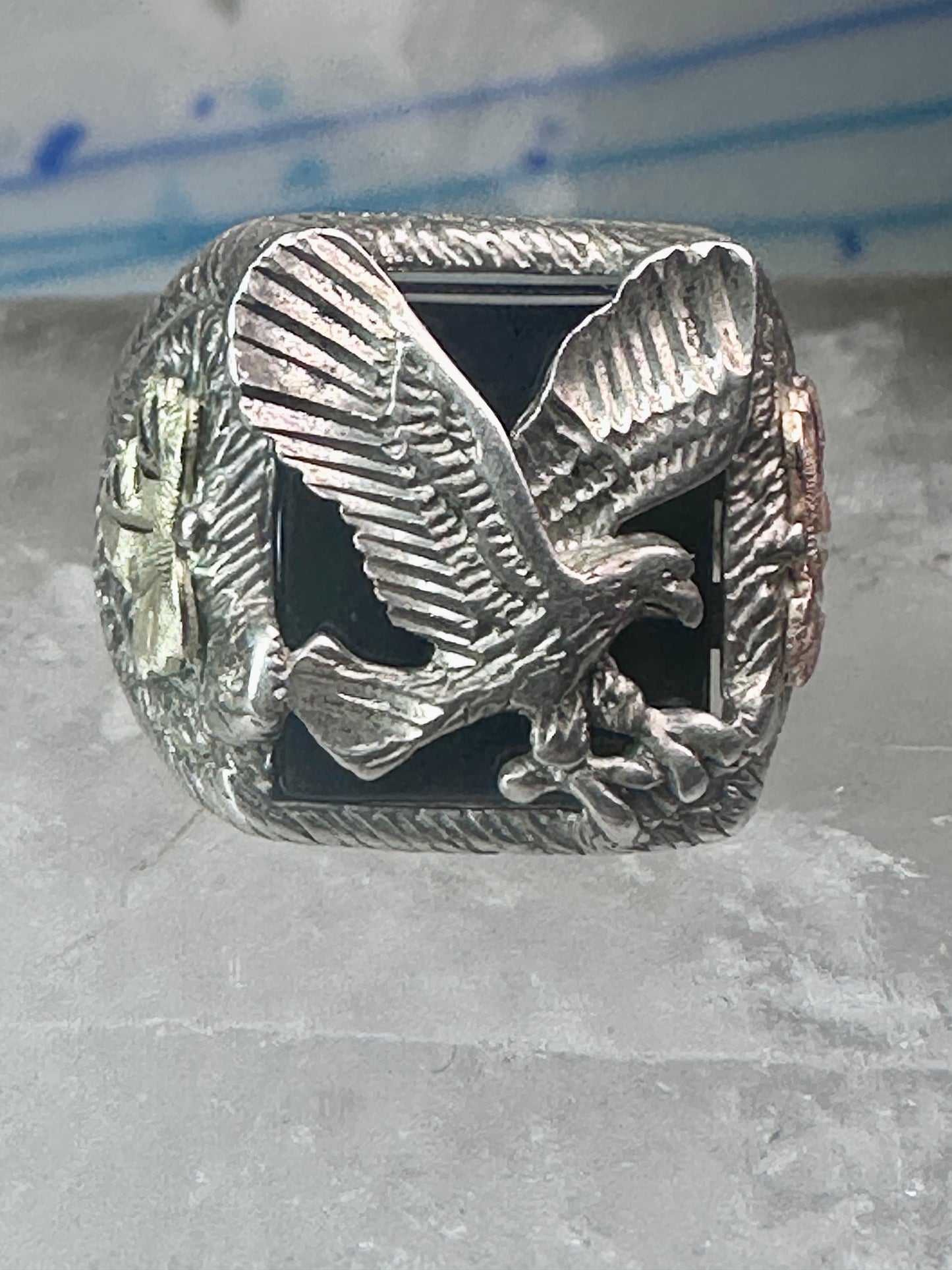 Eagle Ring Black Hills Gold onyx band size 8.75 sterling silver women men