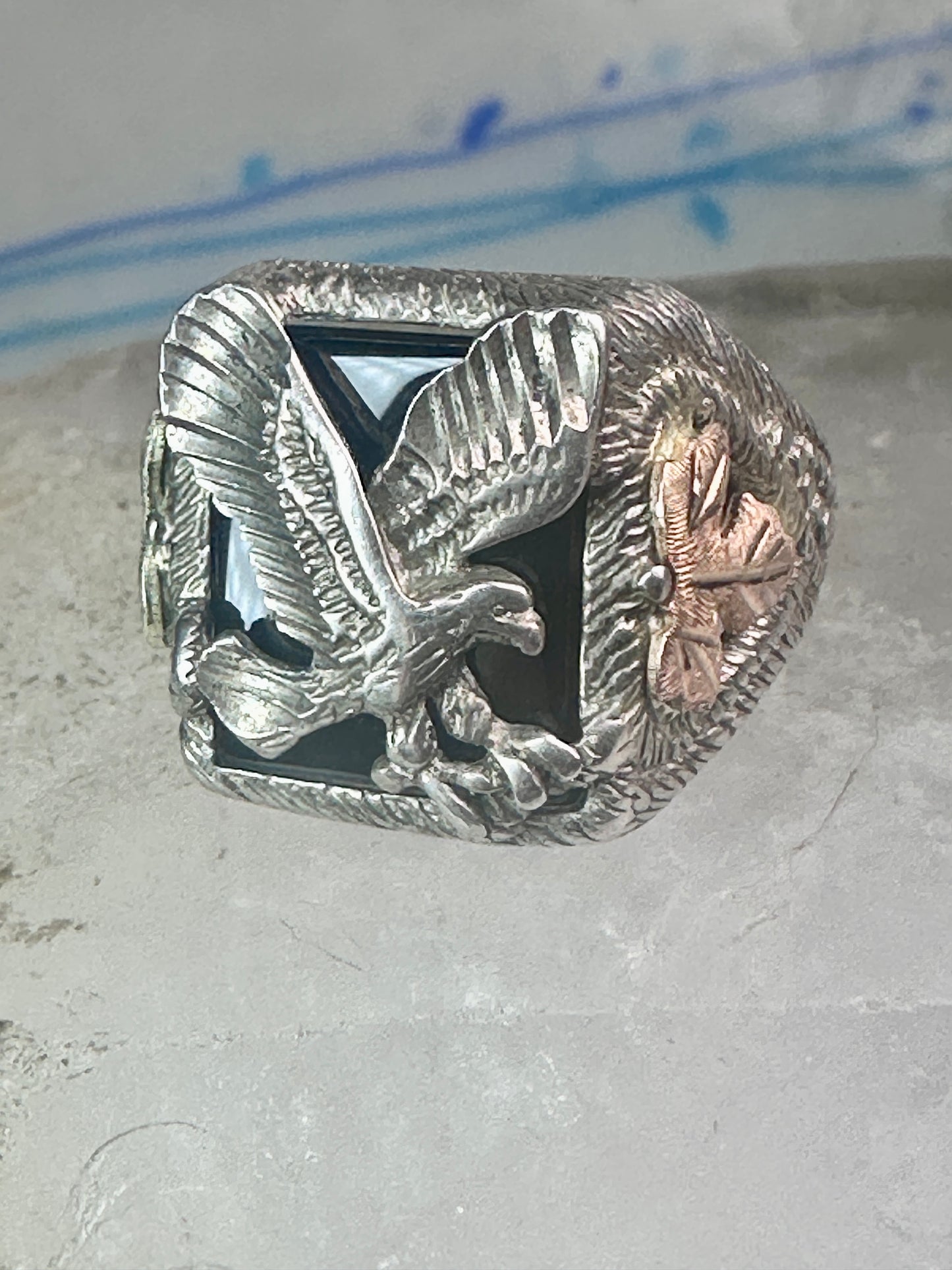 Eagle Ring Black Hills Gold onyx band size 8.75 sterling silver women men