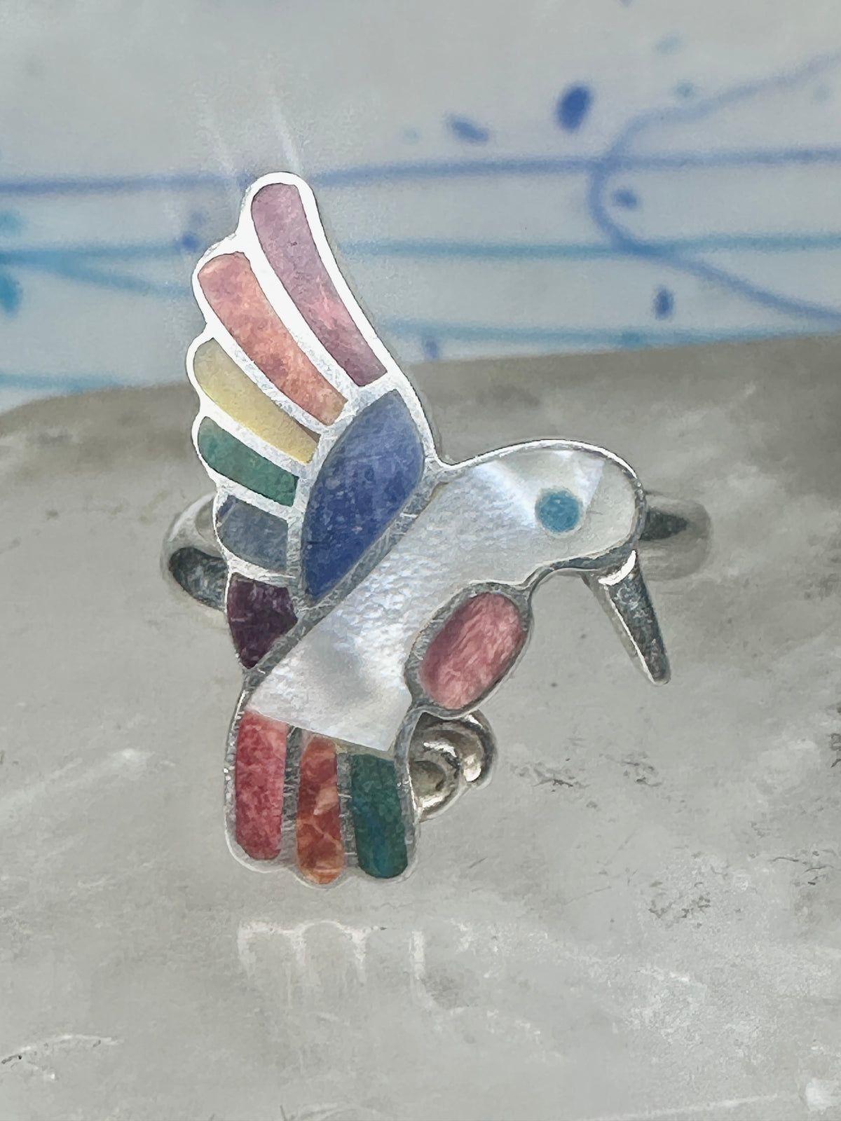 Vintage Sterling Silver MOP Multi Stone Inlay Hummingbird Ring Size 8 925