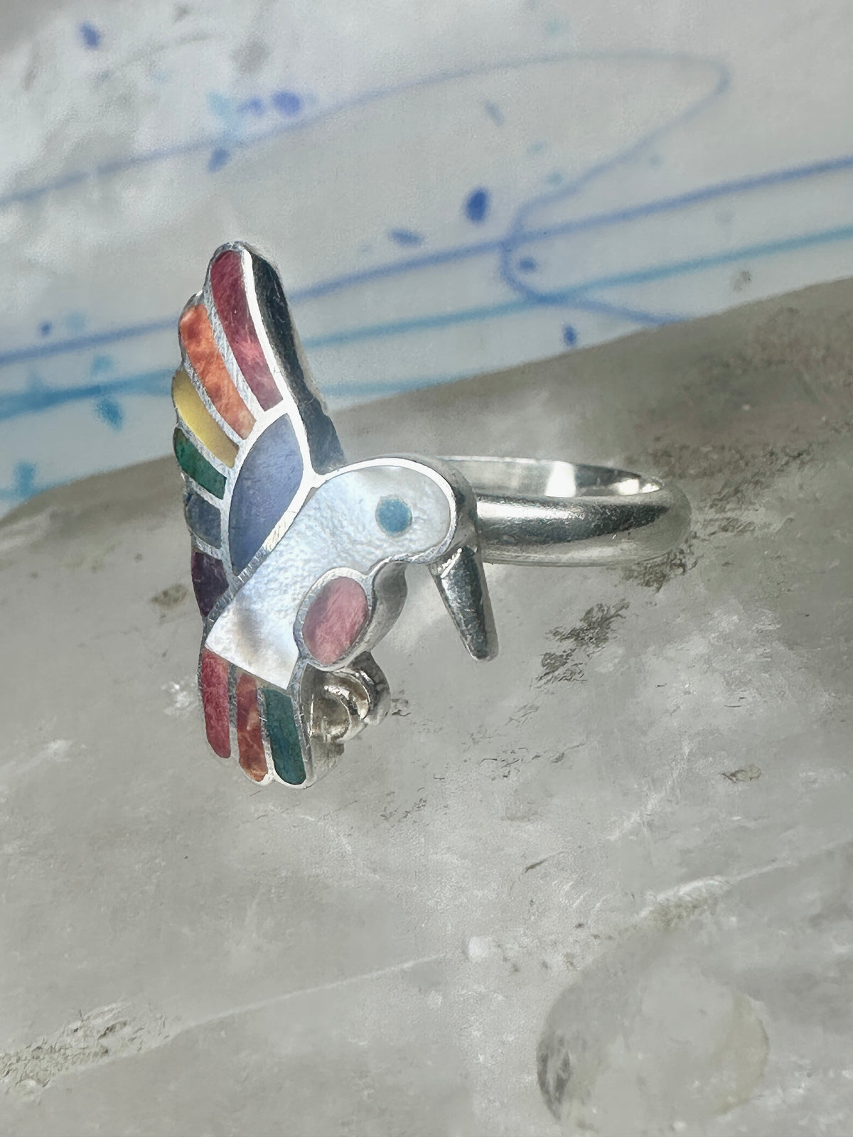 Vintage Sterling Silver MOP Multi Stone Inlay Hummingbird Ring Size 8 925