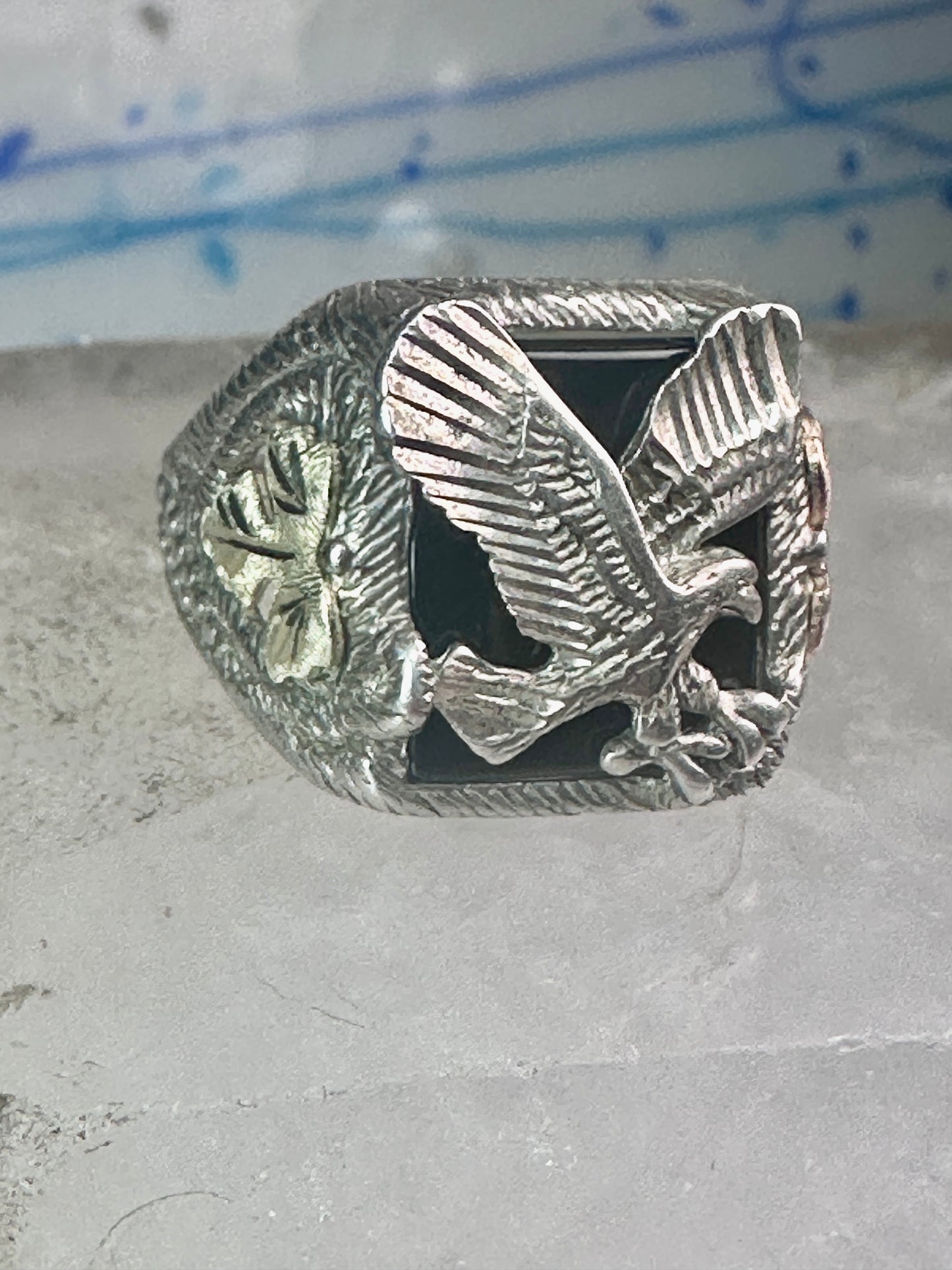 Eagle Ring Black Hills Gold onyx band size 8.75 sterling silver women men