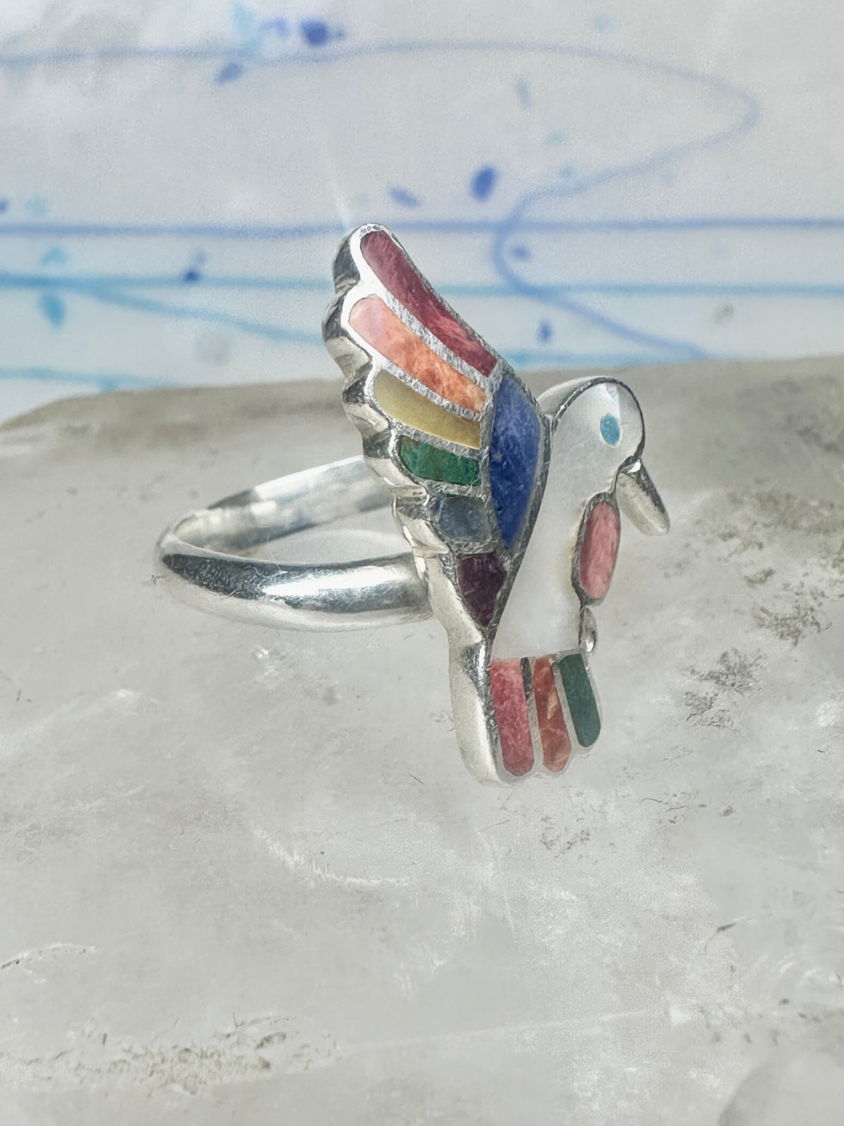 Vintage Sterling Silver MOP Multi Stone Inlay Hummingbird Ring Size 8 925