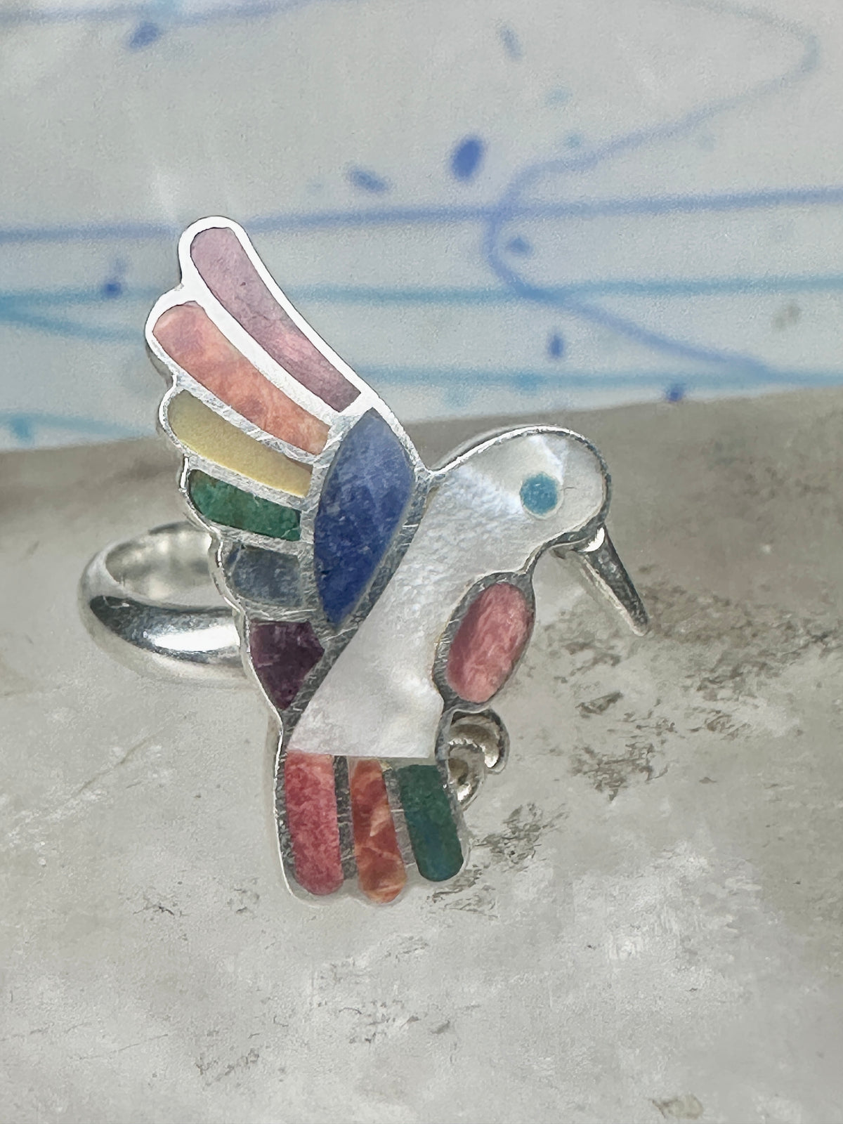 Vintage Sterling Silver MOP Multi Stone Inlay Hummingbird Ring Size 8 925
