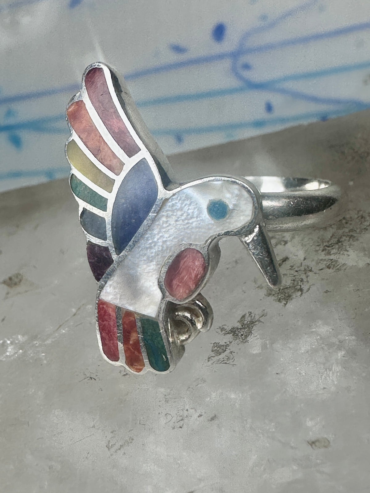 Vintage Sterling Silver MOP Multi Stone Inlay Hummingbird Ring Size 8 925