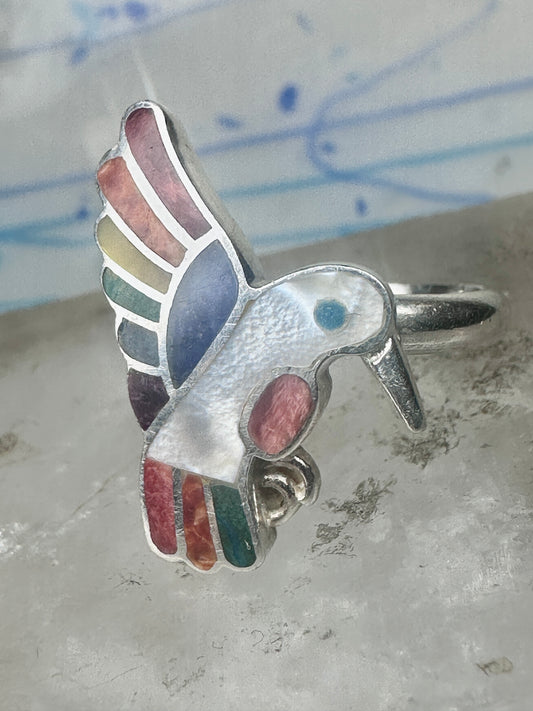 Vintage Sterling Silver MOP Multi Stone Inlay Hummingbird Ring Size 8 925