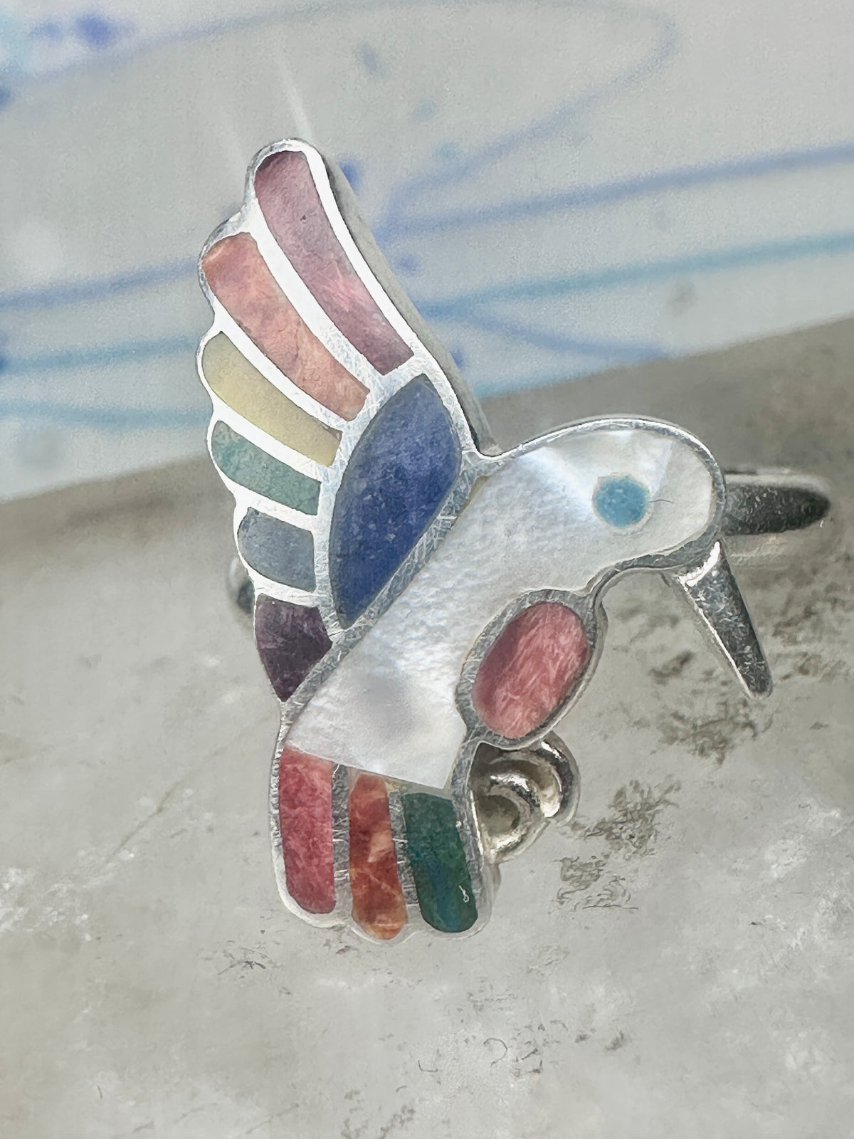 Vintage Sterling Silver MOP Multi Stone Inlay Hummingbird Ring Size 8 925