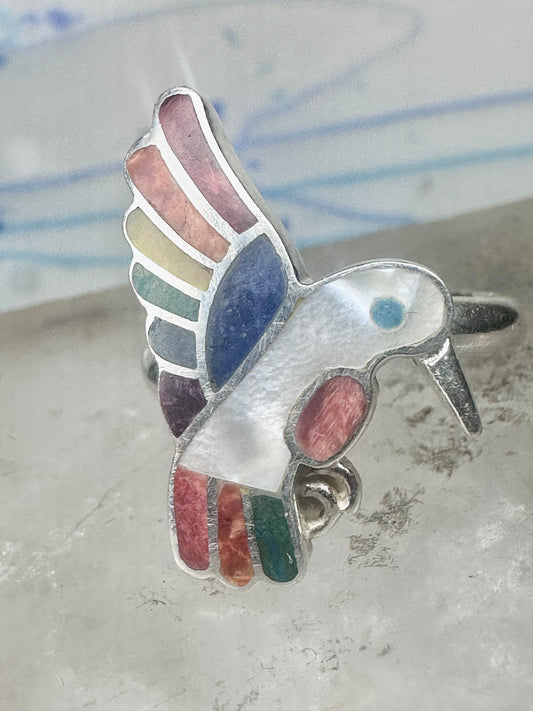 Vintage Sterling Silver MOP Multi Stone Inlay Hummingbird Ring Size 8 925
