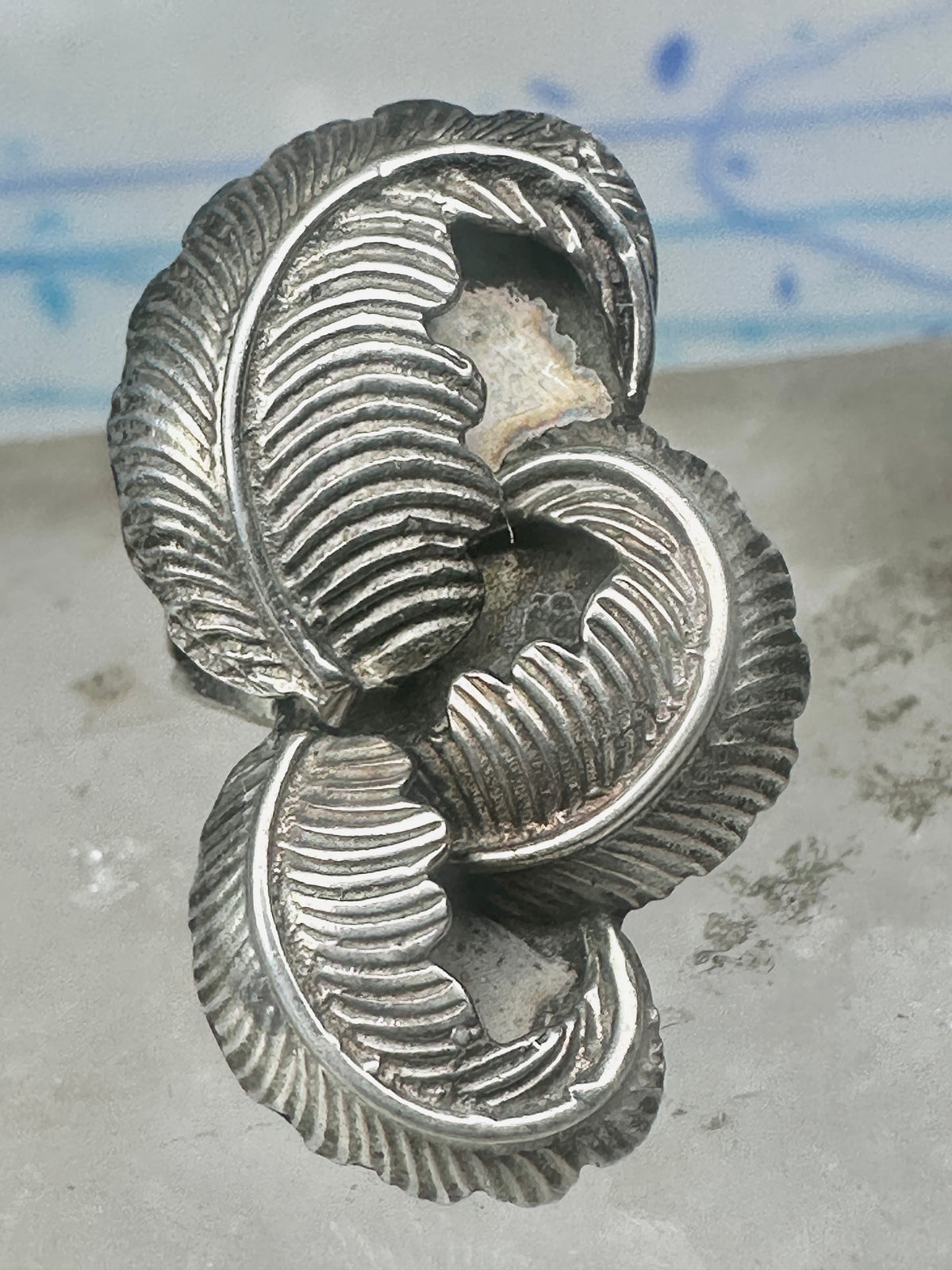 Vintage Sterling Silver Native American Leaf Statement Ring Curved Feathers Size 6 925