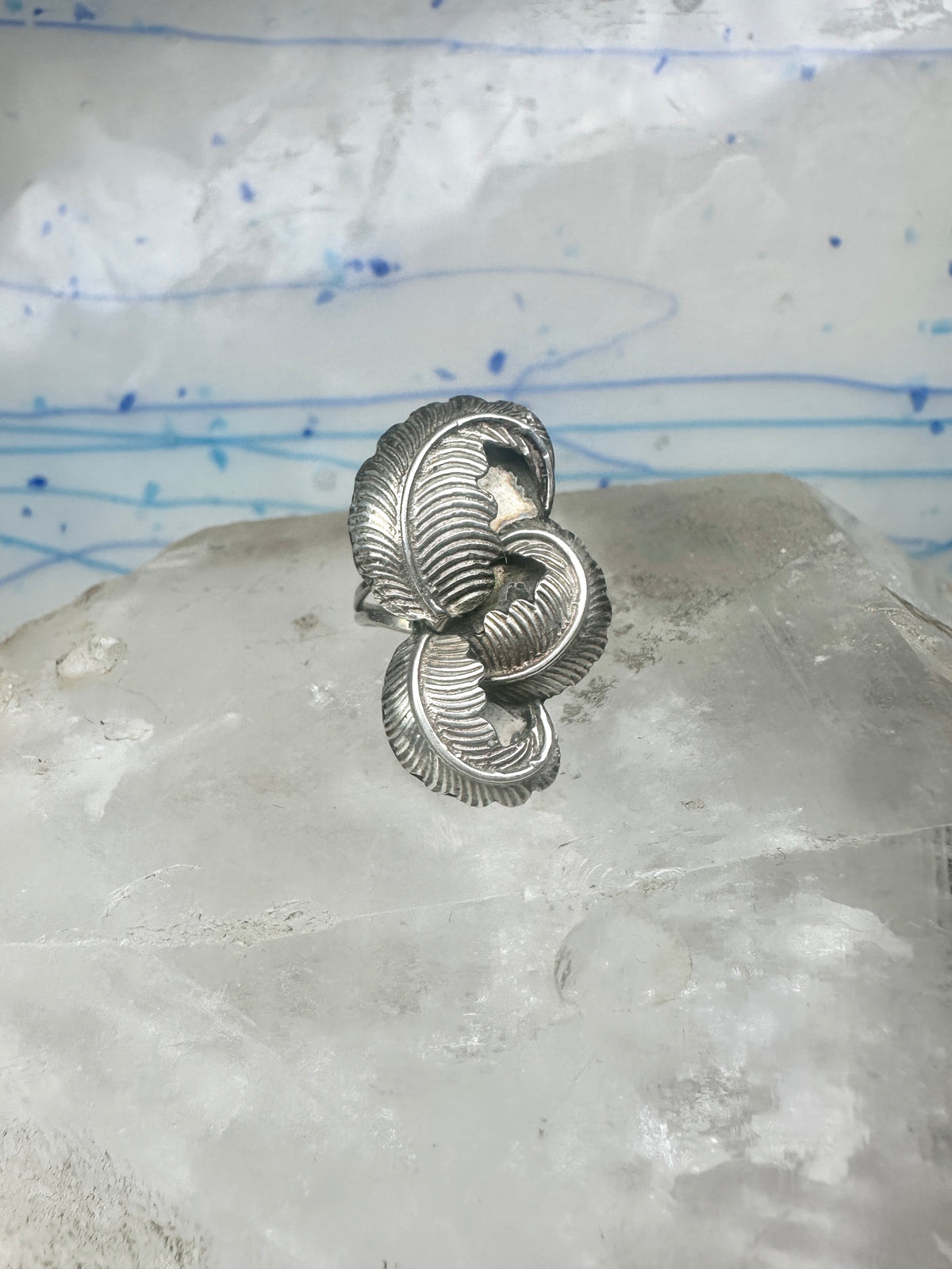 Vintage Sterling Silver Native American Leaf Statement Ring Curved Feathers Size 6 925