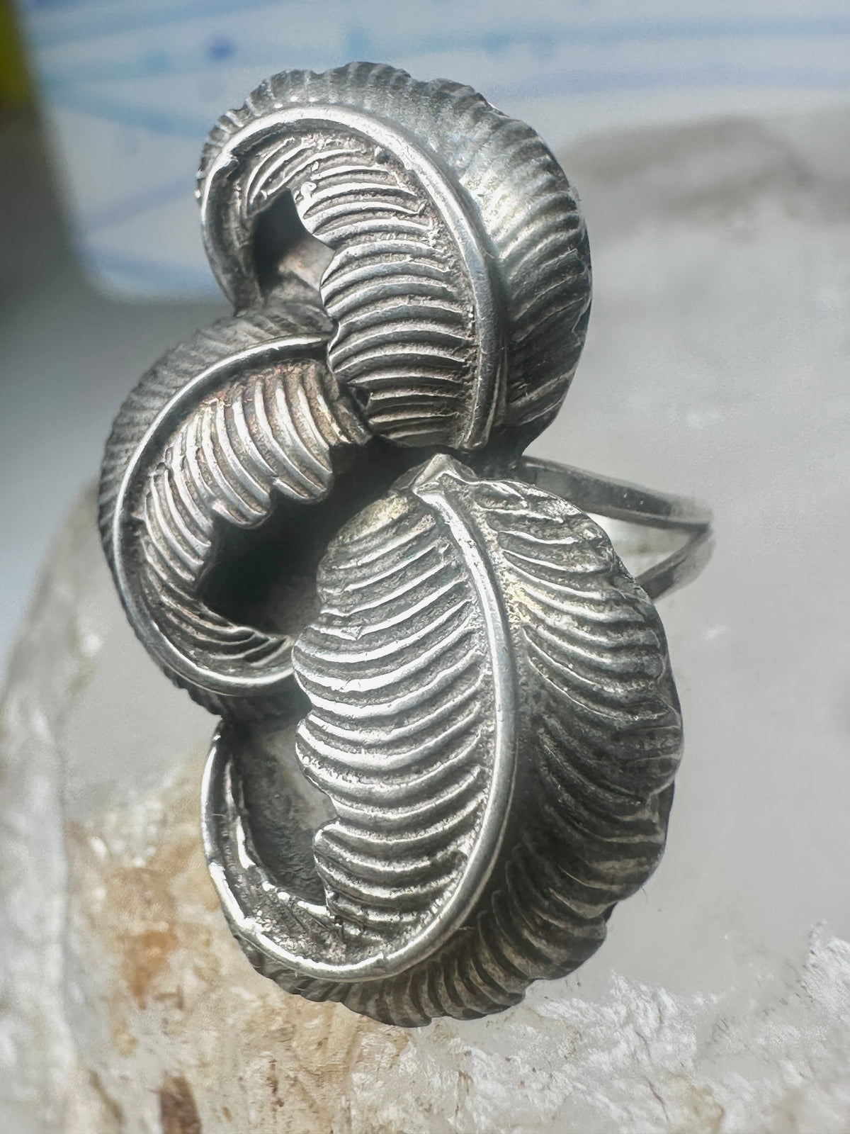 Vintage Sterling Silver Native American Leaf Statement Ring Curved Feathers Size 6 925