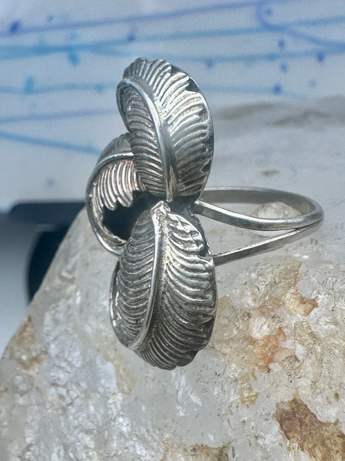 Vintage Sterling Silver Native American Leaf Statement Ring Curved Feathers Size 6 925