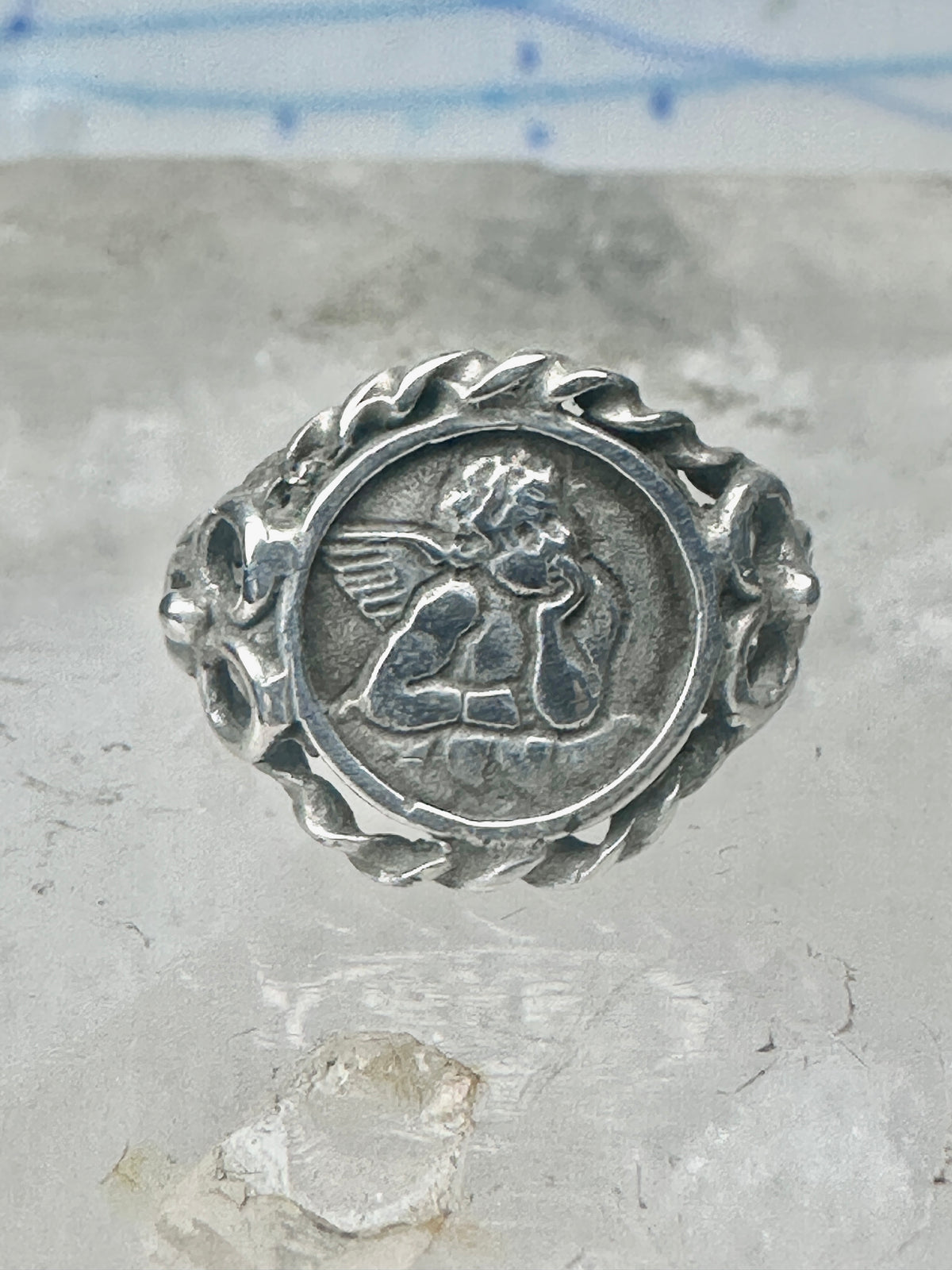 Vintage Sterling Silver Cherub Angel Cameo Ring Rope Trim Statement Size 4.75 925
