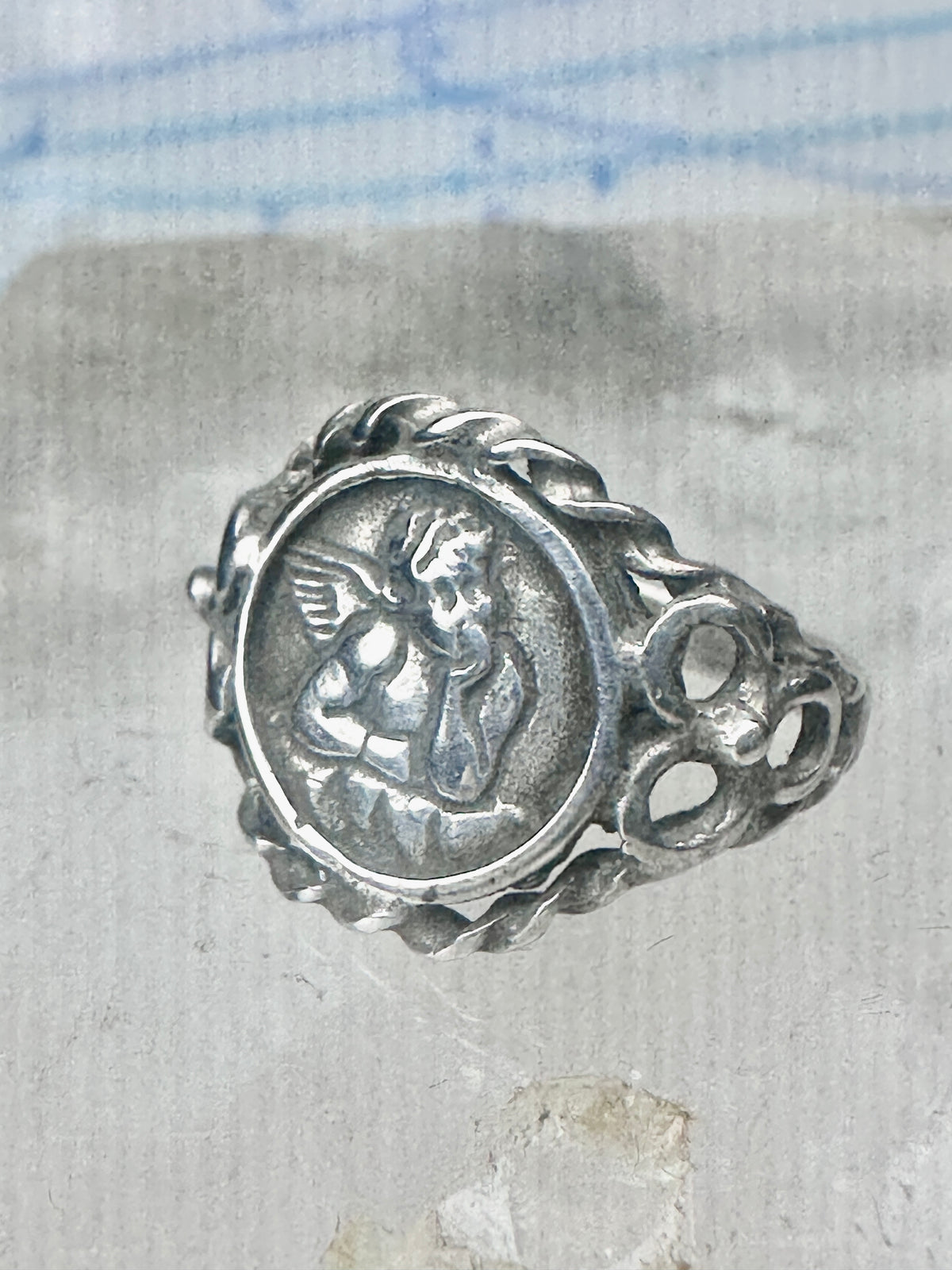 Vintage Sterling Silver Cherub Angel Cameo Ring Rope Trim Statement Size 4.75 925