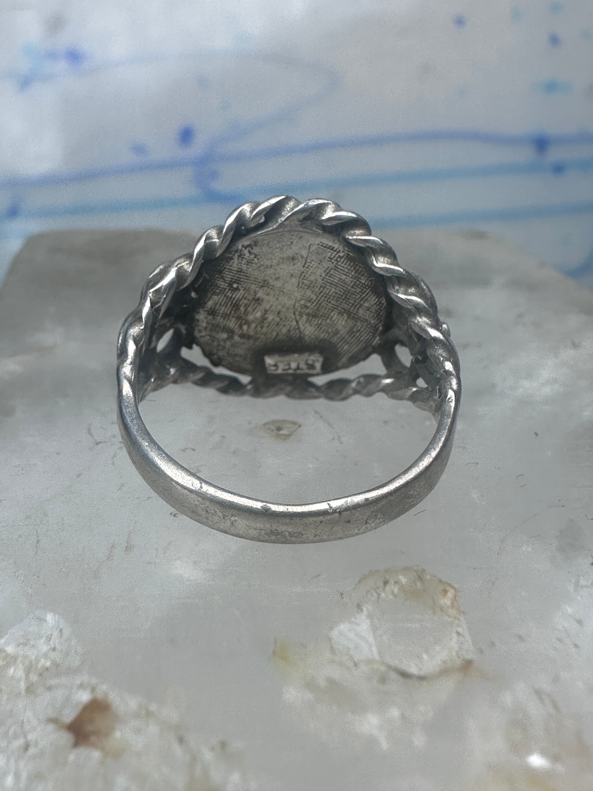 Vintage Sterling Silver Cherub Angel Cameo Ring Rope Trim Statement Size 4.75 925