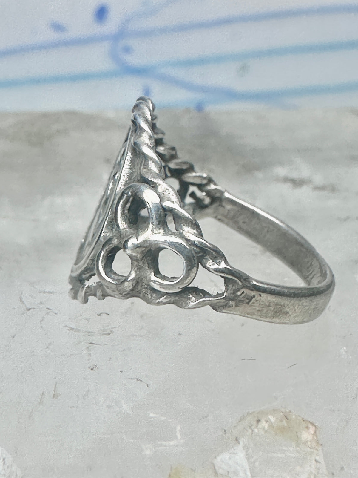 Vintage Sterling Silver Cherub Angel Cameo Ring Rope Trim Statement Size 4.75 925
