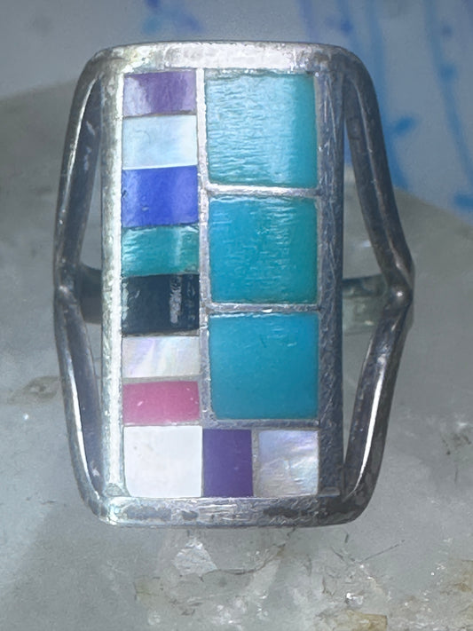 Vintage Zuni turquoise ring long Riatone coral MOP Onyx Inlay sterling silver size 7 women girls