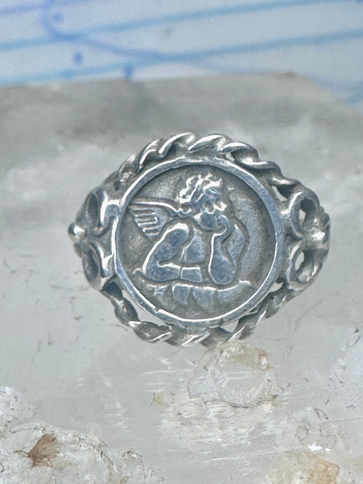 Vintage Sterling Silver Cherub Angel Cameo Ring Rope Trim Statement Size 4.75 925