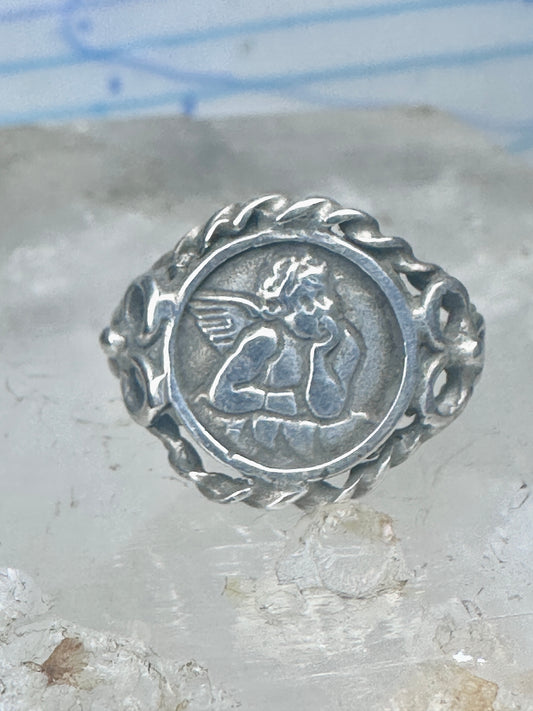 Vintage Sterling Silver Cherub Angel Cameo Ring Rope Trim Statement Size 4.75 925