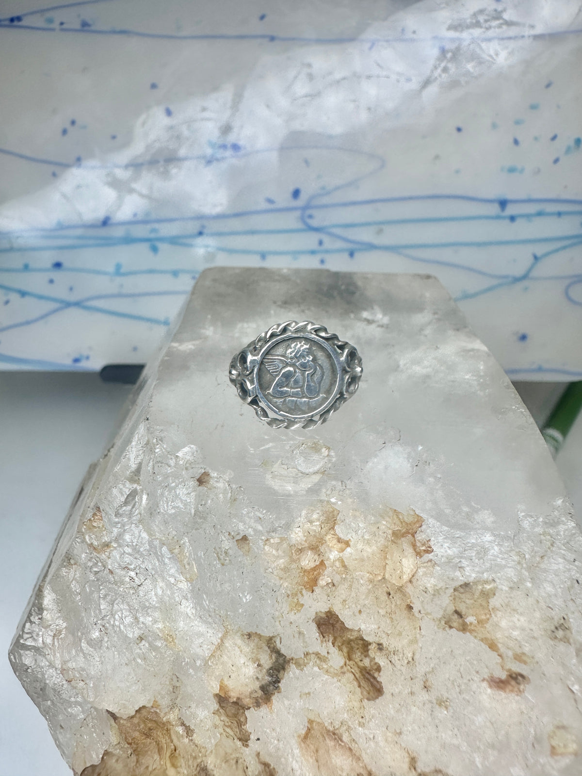 Vintage Sterling Silver Cherub Angel Cameo Ring Rope Trim Statement Size 4.75 925