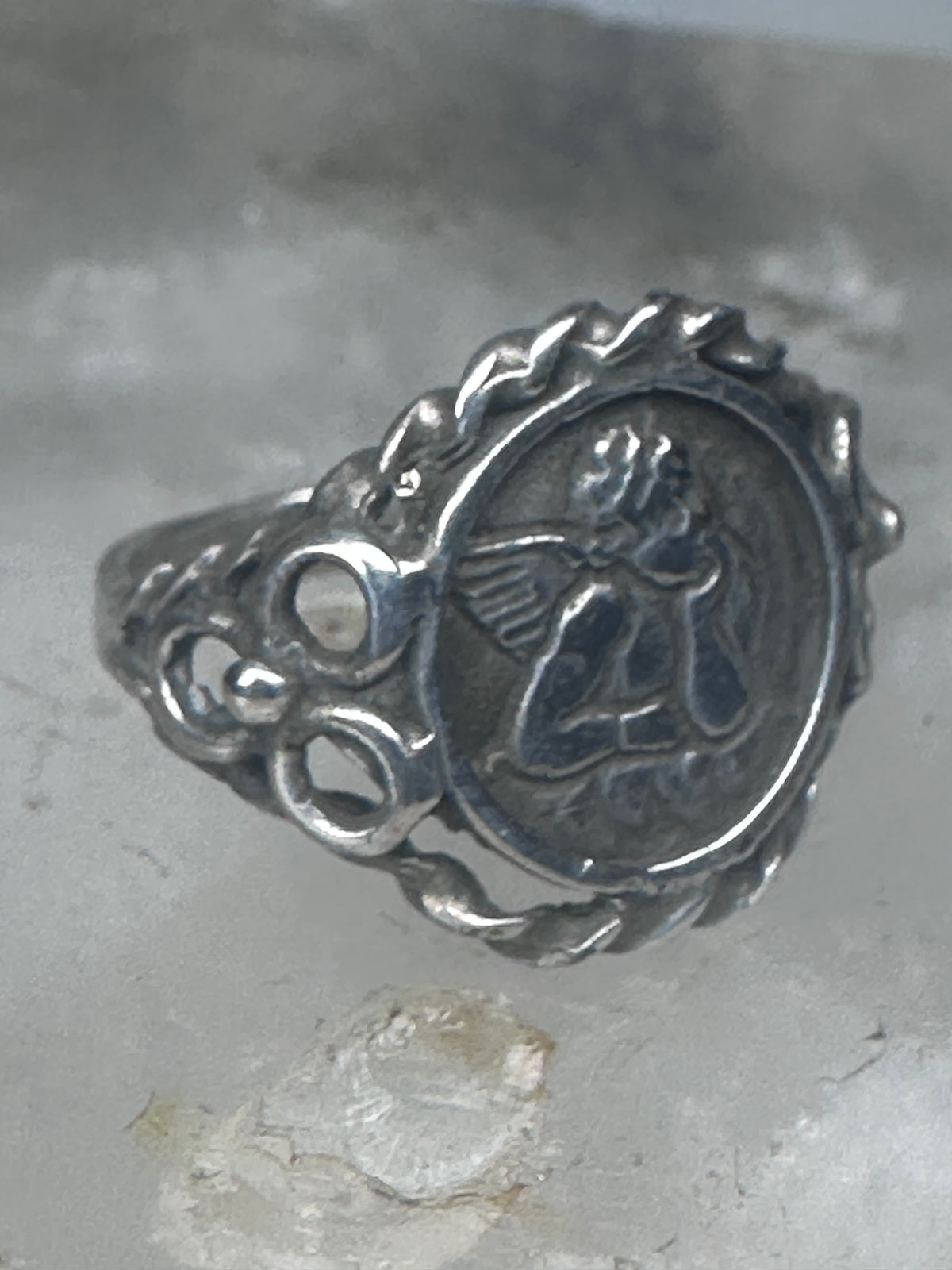 Vintage Sterling Silver Cherub Angel Cameo Ring Rope Trim Statement Size 4.75 925
